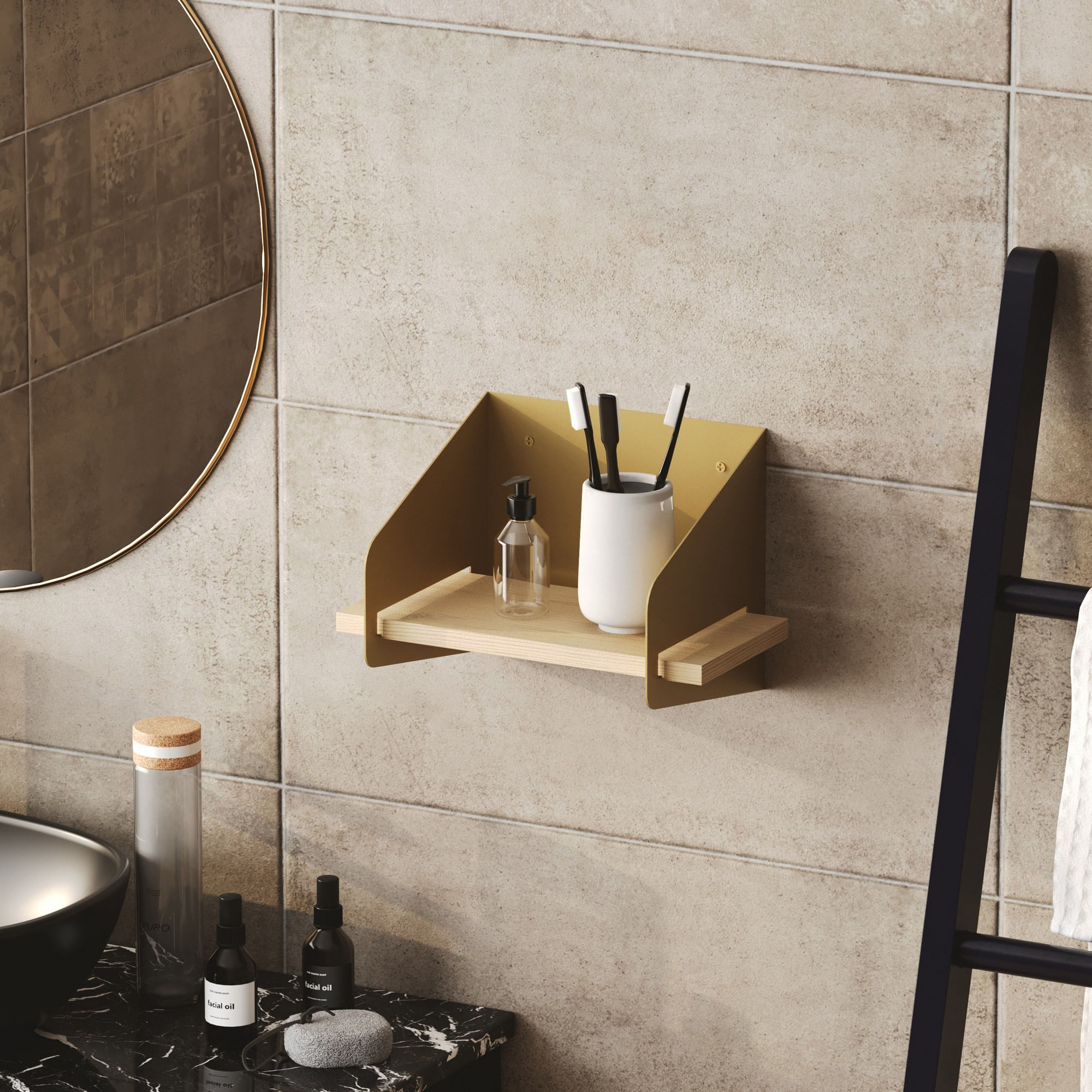 Raft de perete, Hanah Home, lemn, auriu, 30x20x19 cm — imaginea 6