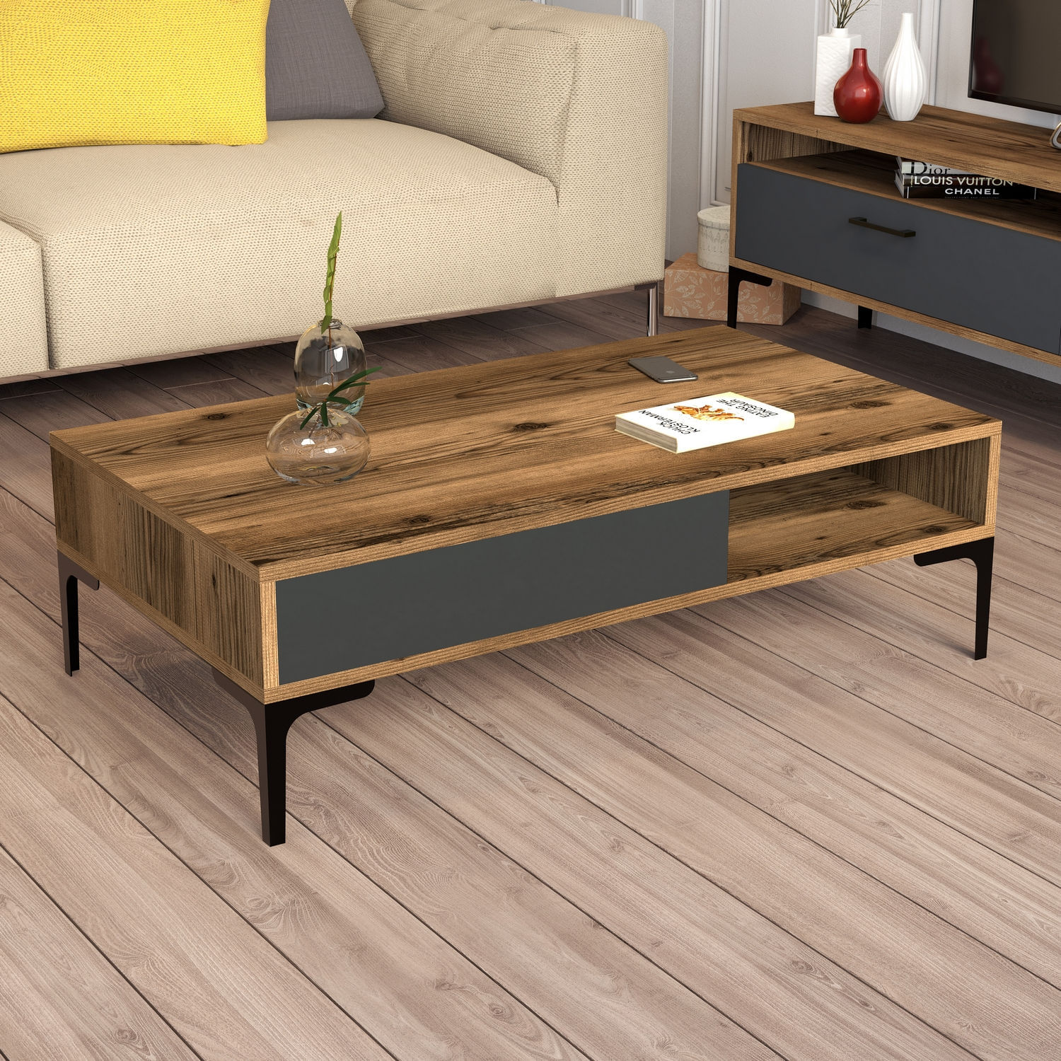 Masa de cafea, Hanah Home, panou de particule melaminat, nuc si antracit, 105x60x32.6 cm — imaginea 2