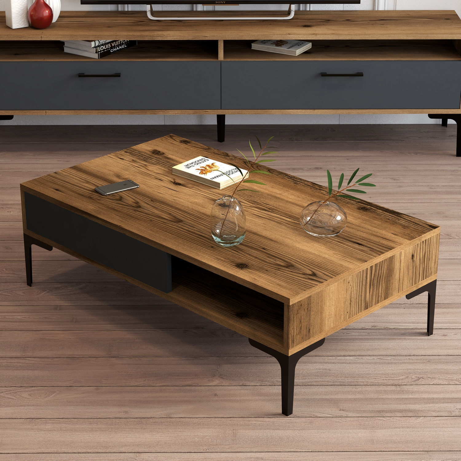 Masa de cafea, Hanah Home, panou de particule melaminat, nuc si antracit, 105x60x32.6 cm — imaginea 5