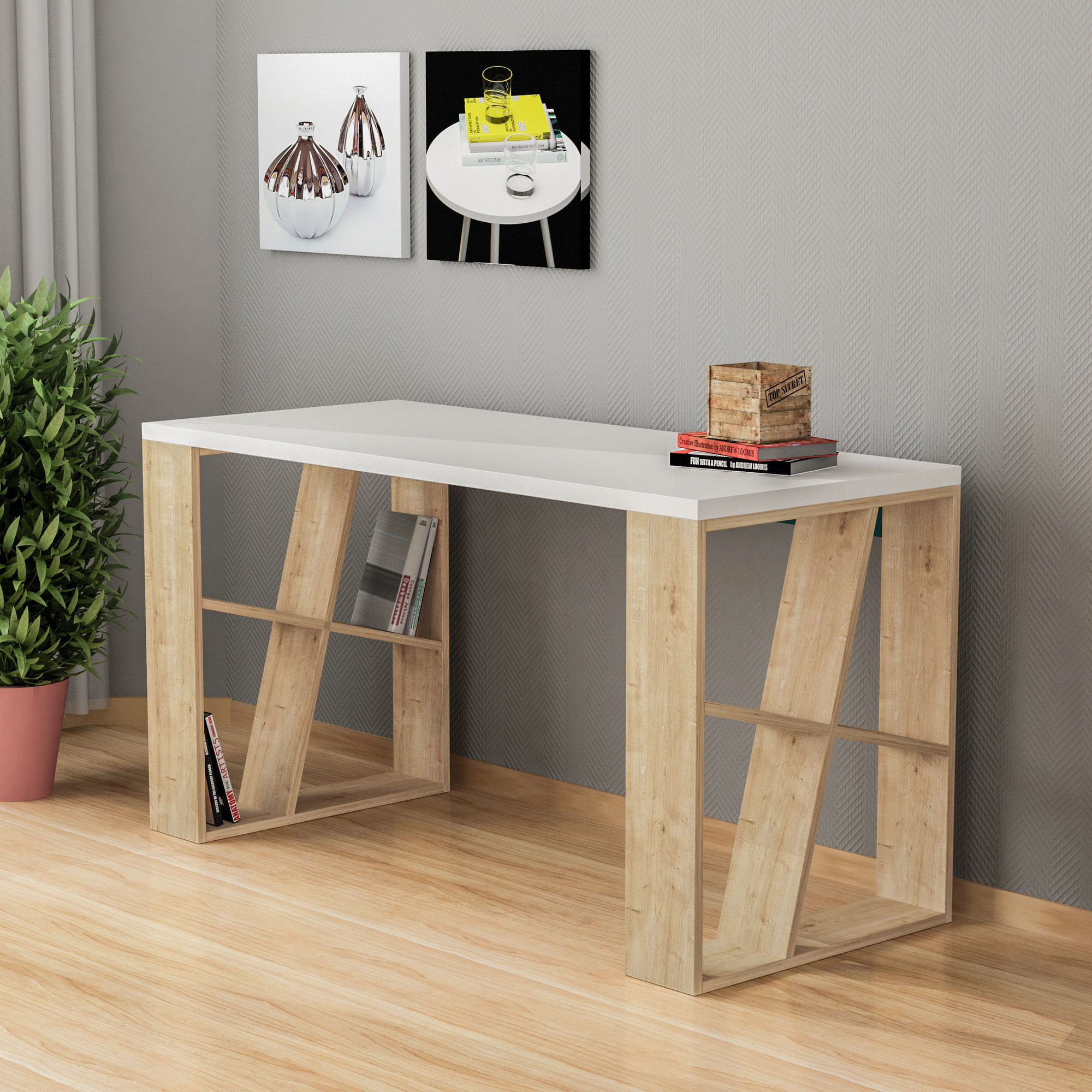 Birou de studiu, Hanah Home, pal melaminat, alb si stejar, 140x60x75 cm — imaginea 2