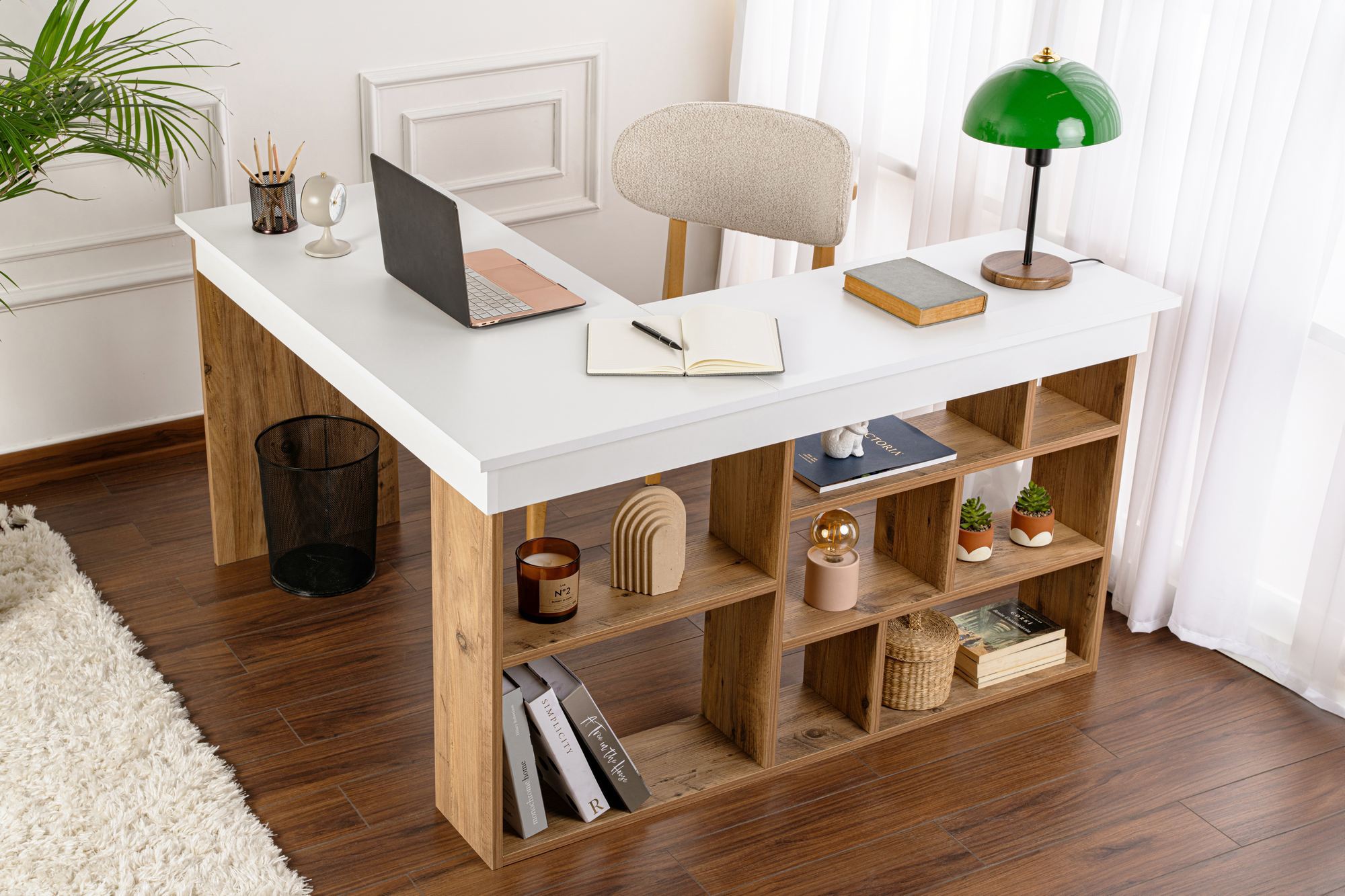 Birou de studiu, Hanah Home, pal melaminat, alb si pin atlantic, 130x50x72 cm