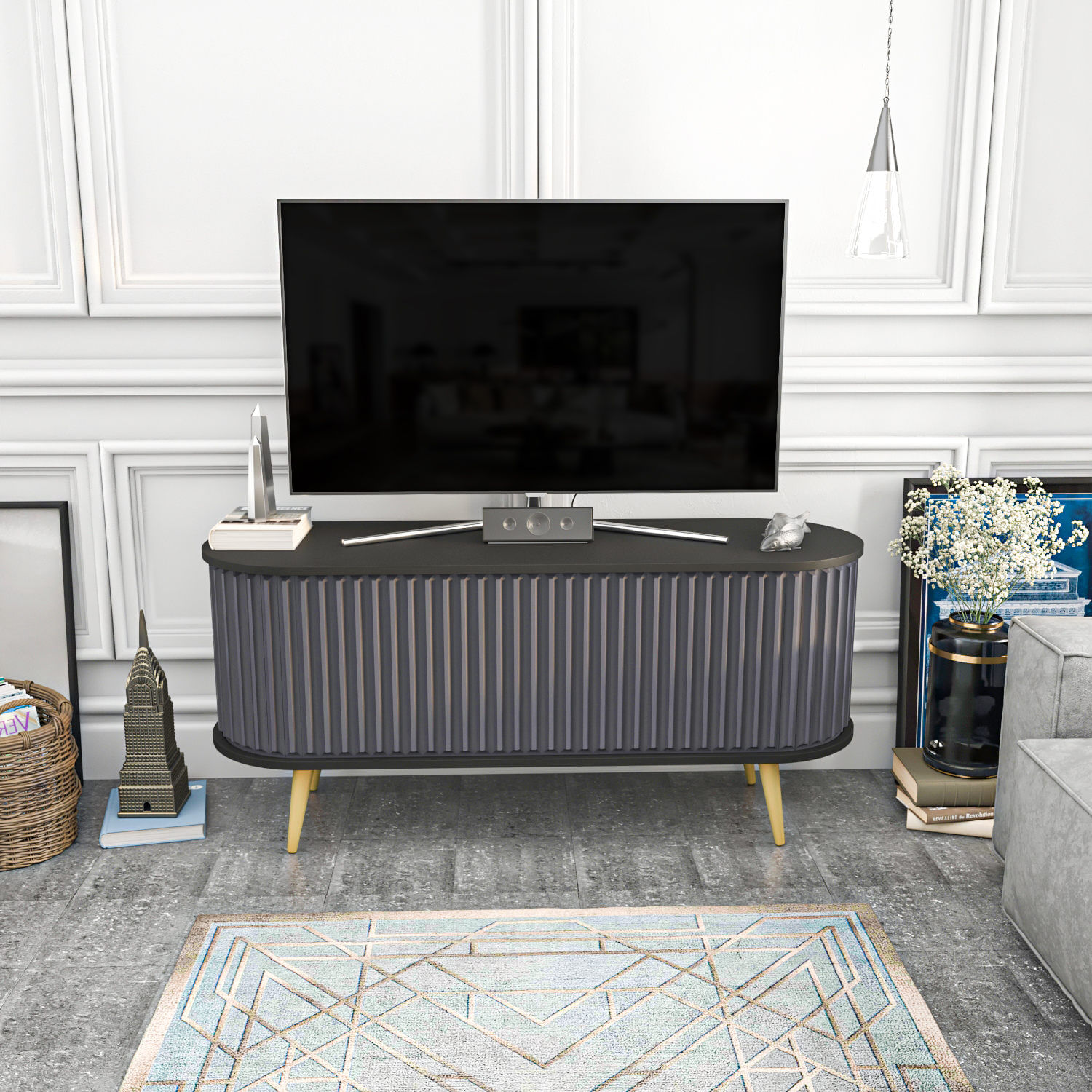 Comoda tv, Hanah Home, pal melaminat, negru antracit, 140x43x64 cm — imaginea 5