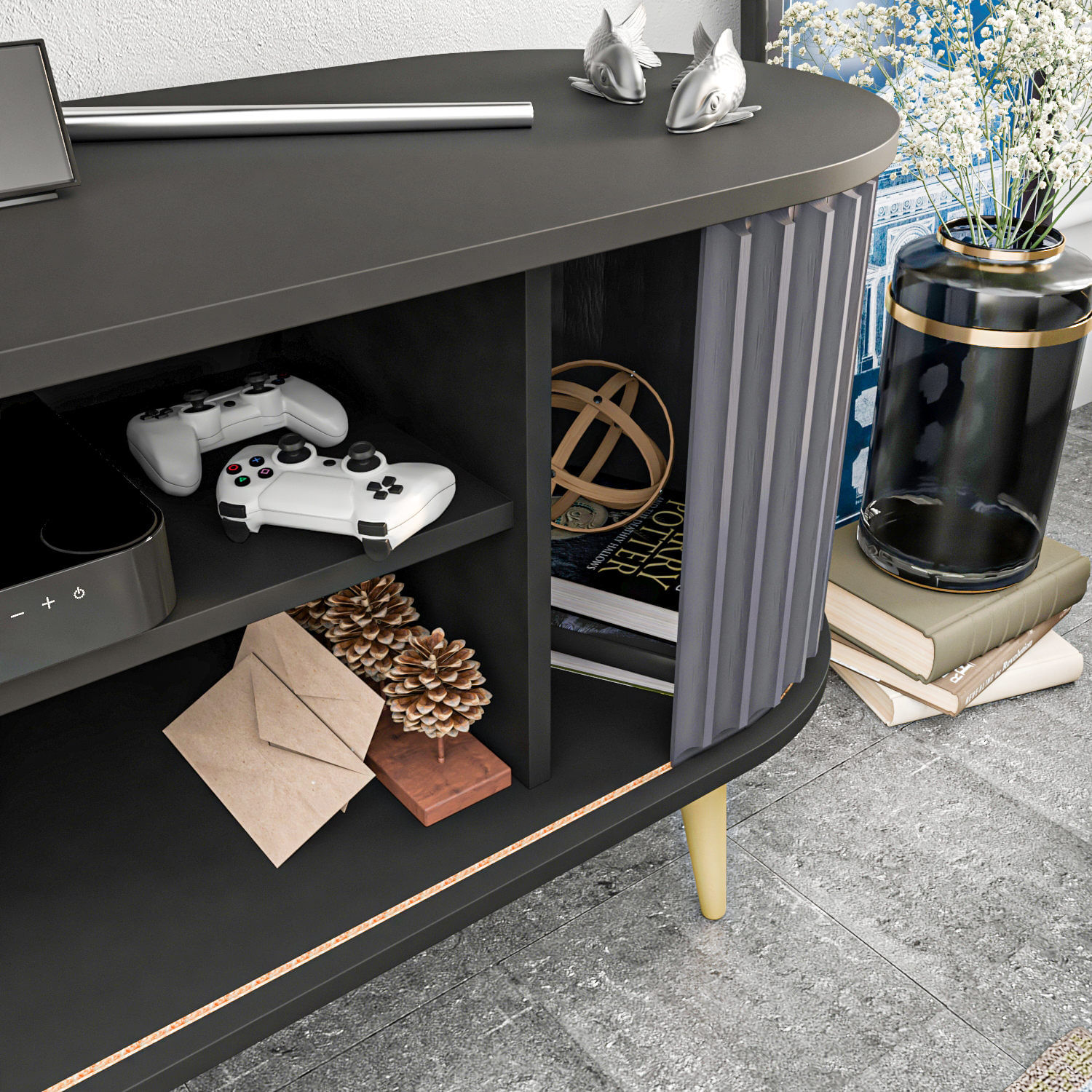 Comoda tv, Hanah Home, pal melaminat, negru antracit, 140x43x64 cm — imaginea 6