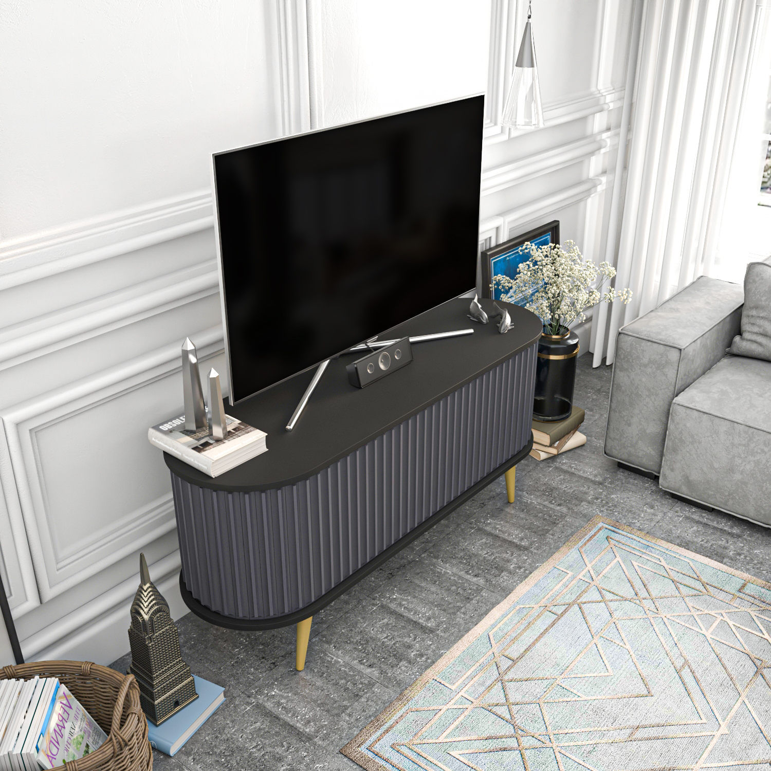Comoda tv, Hanah Home, pal melaminat, negru antracit, 140x43x64 cm — imaginea 7