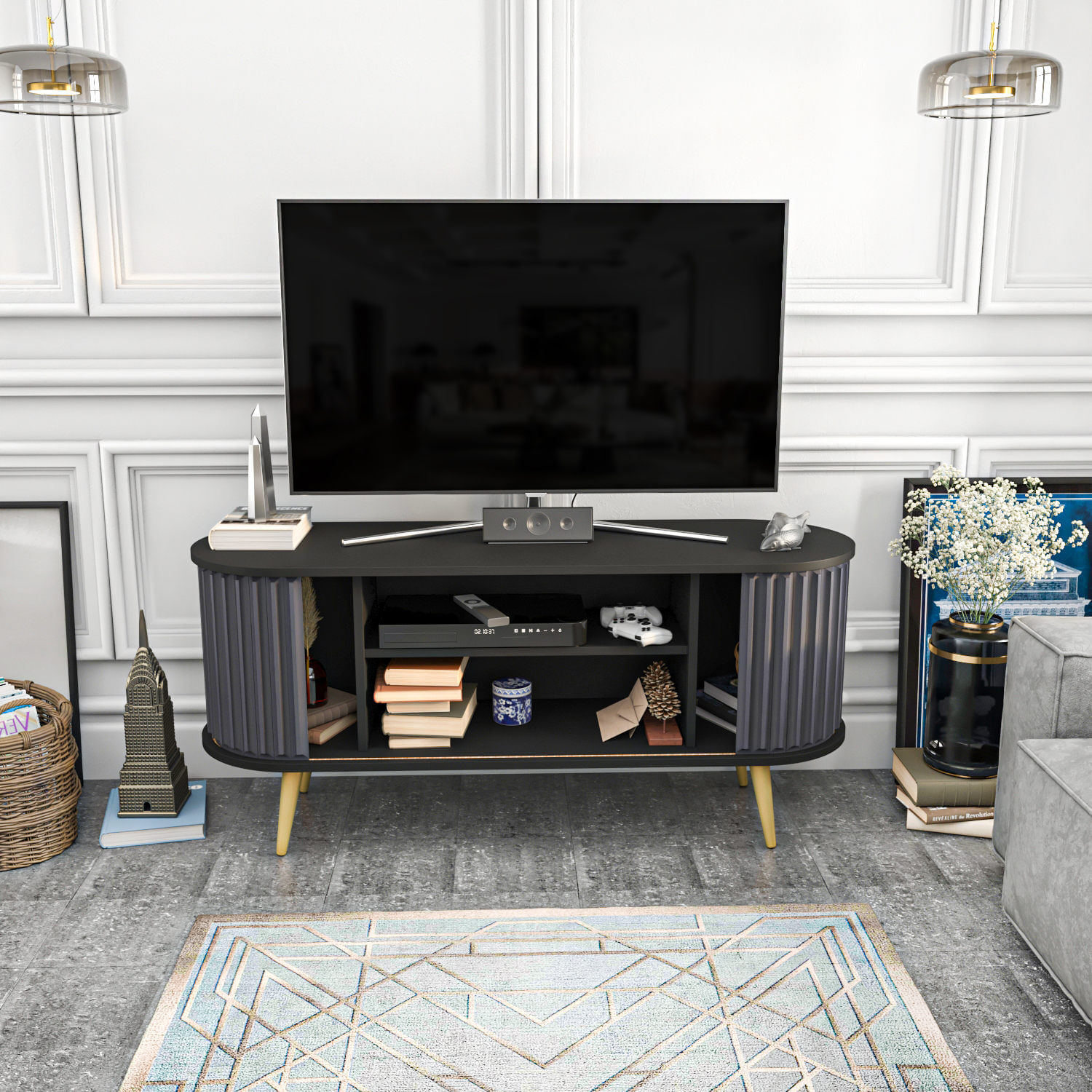 Comoda tv, Hanah Home, pal melaminat, negru antracit, 140x43x64 cm — imaginea 8