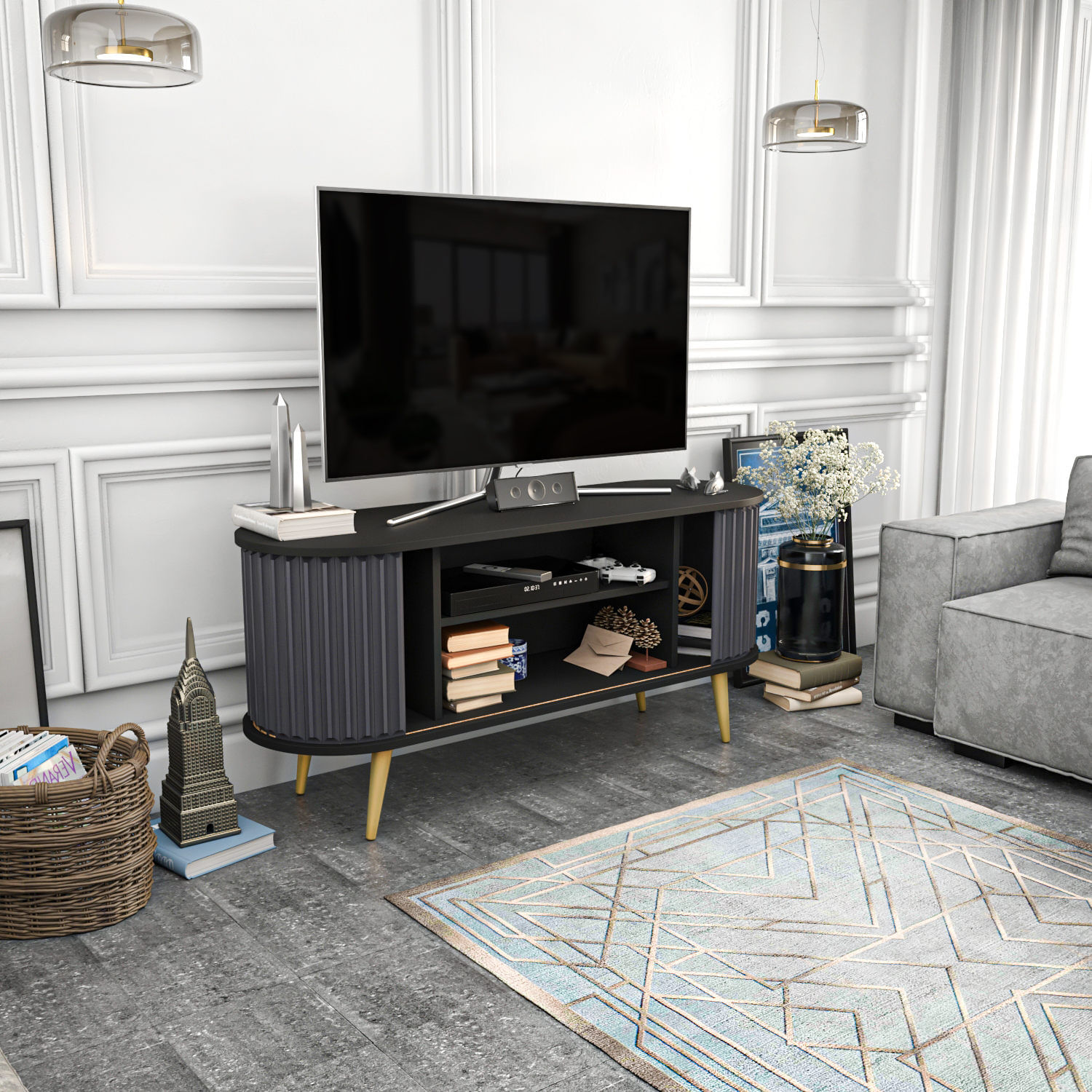 Comoda tv, Hanah Home, pal melaminat, negru antracit, 140x43x64 cm — imaginea 10