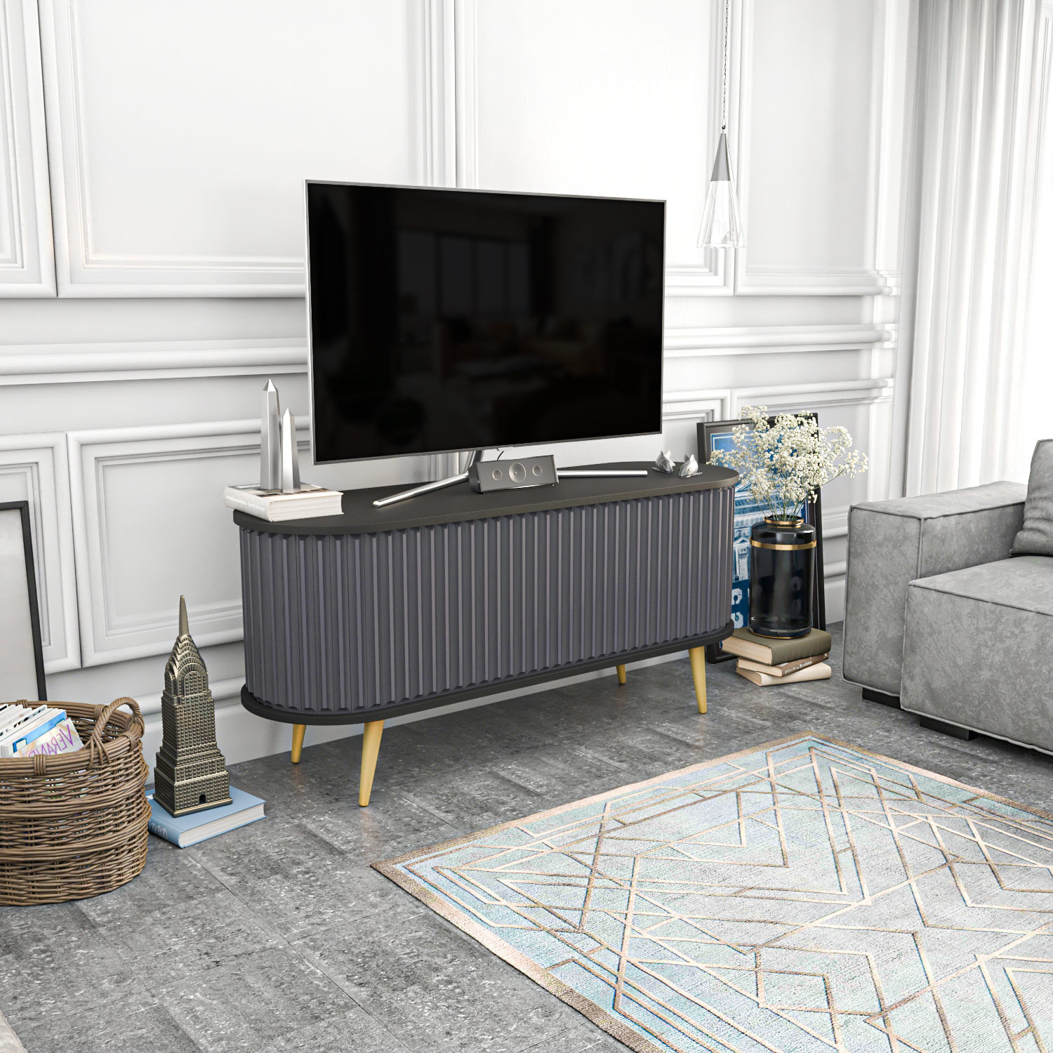 Comoda tv, Hanah Home, pal melaminat, negru antracit, 140x43x64 cm — imaginea 12