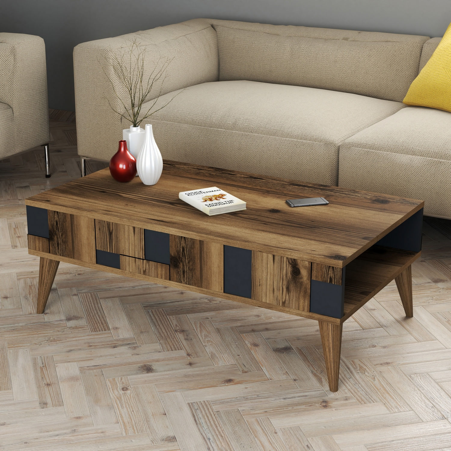 Masuta de cafea, Hanah Home, pal melaminat, nuc si antracit, 105x60x37.6 cm — imaginea 2