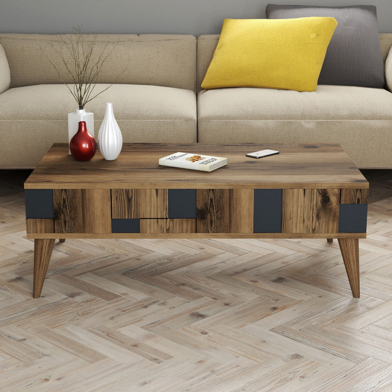 Masuta de cafea, Hanah Home, pal melaminat, nuc si antracit, 105x60x37.6 cm — imaginea 3