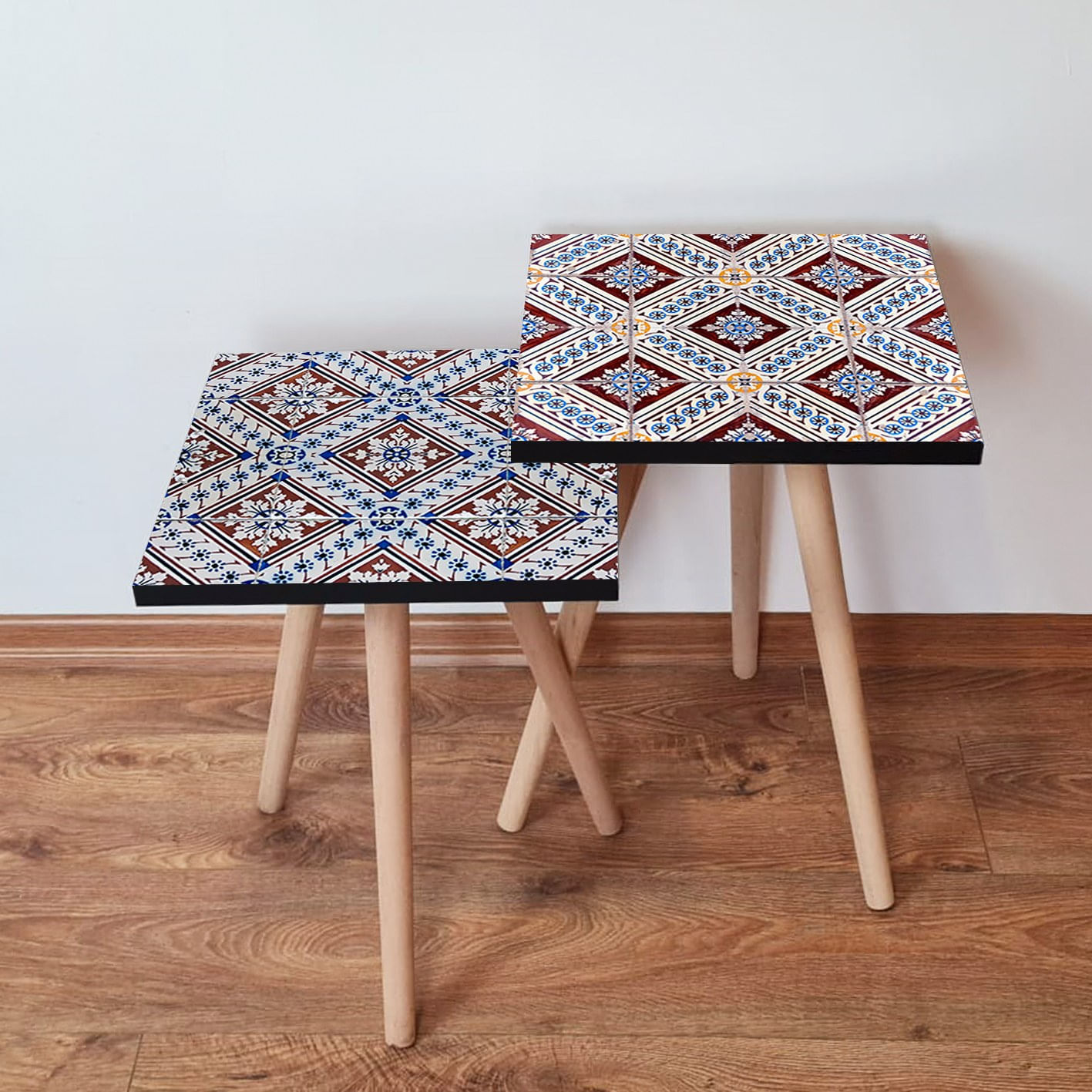 Set masute de cafea, Hanah Home, mdf, albastru marin, picioare lemn fag, 35x35x47 cm, set 2 piese
