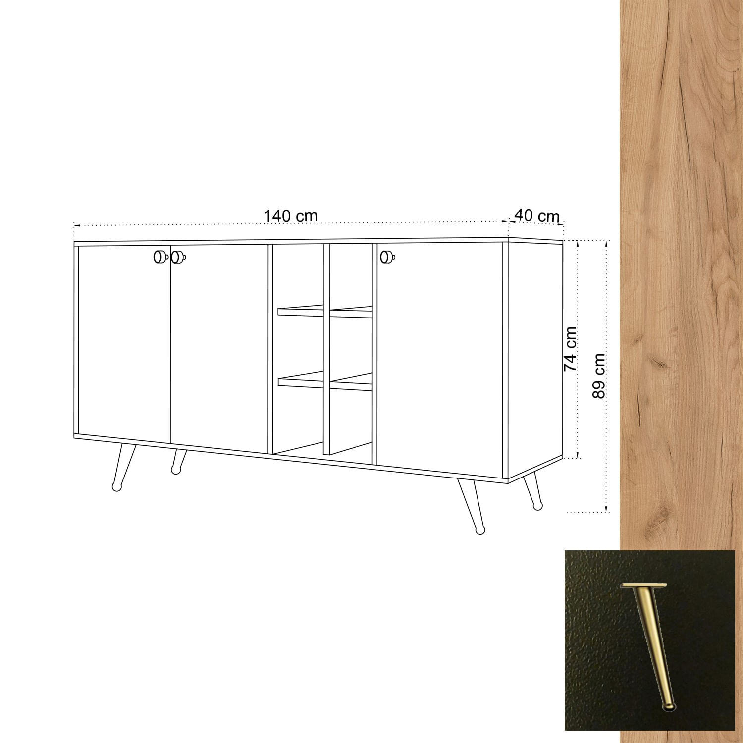 Consola, Hanah Home, pal melaminat, stejar si negru, 140x40x89 cm — imaginea 2
