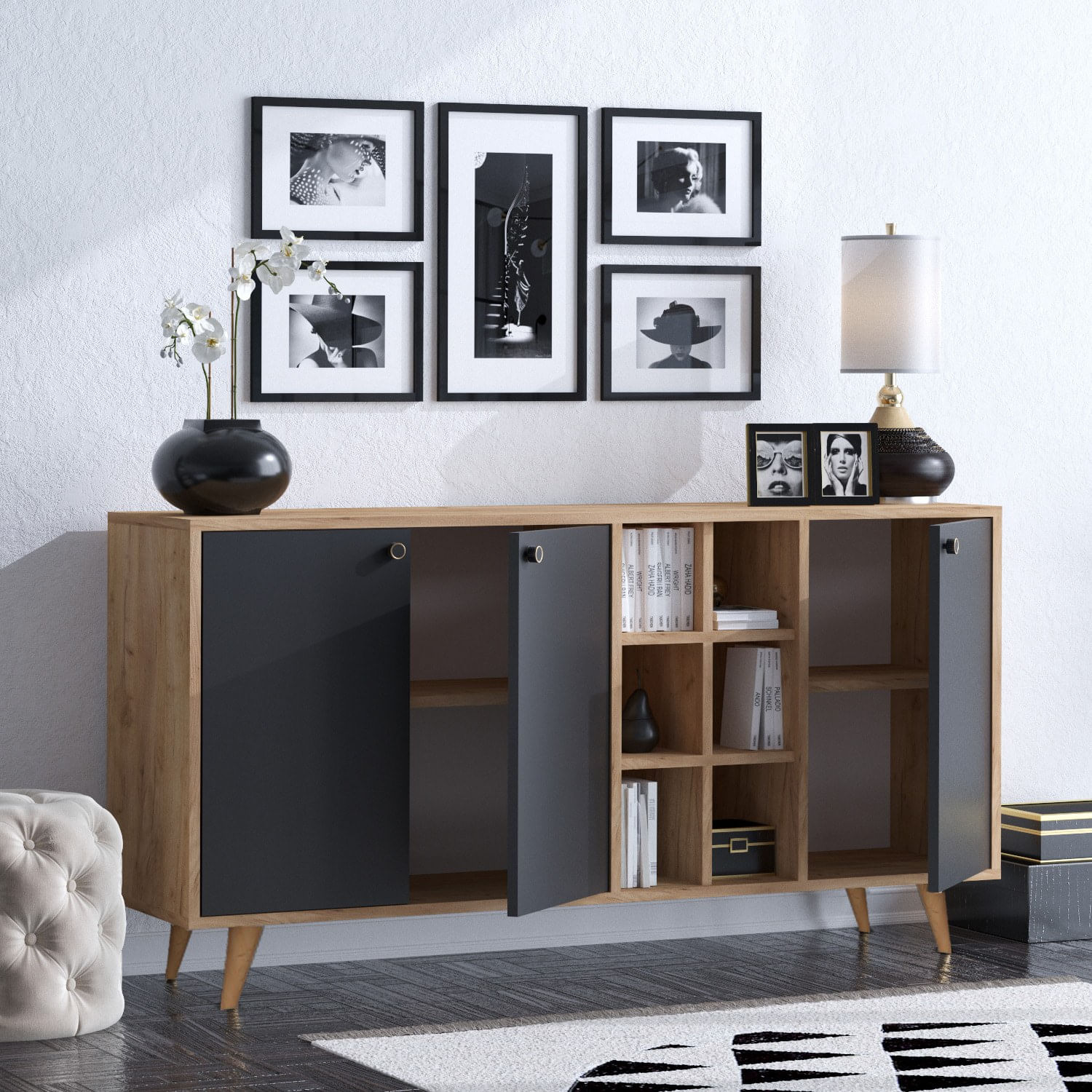 Consola, Hanah Home, pal melaminat, stejar si negru, 140x40x89 cm — imaginea 4