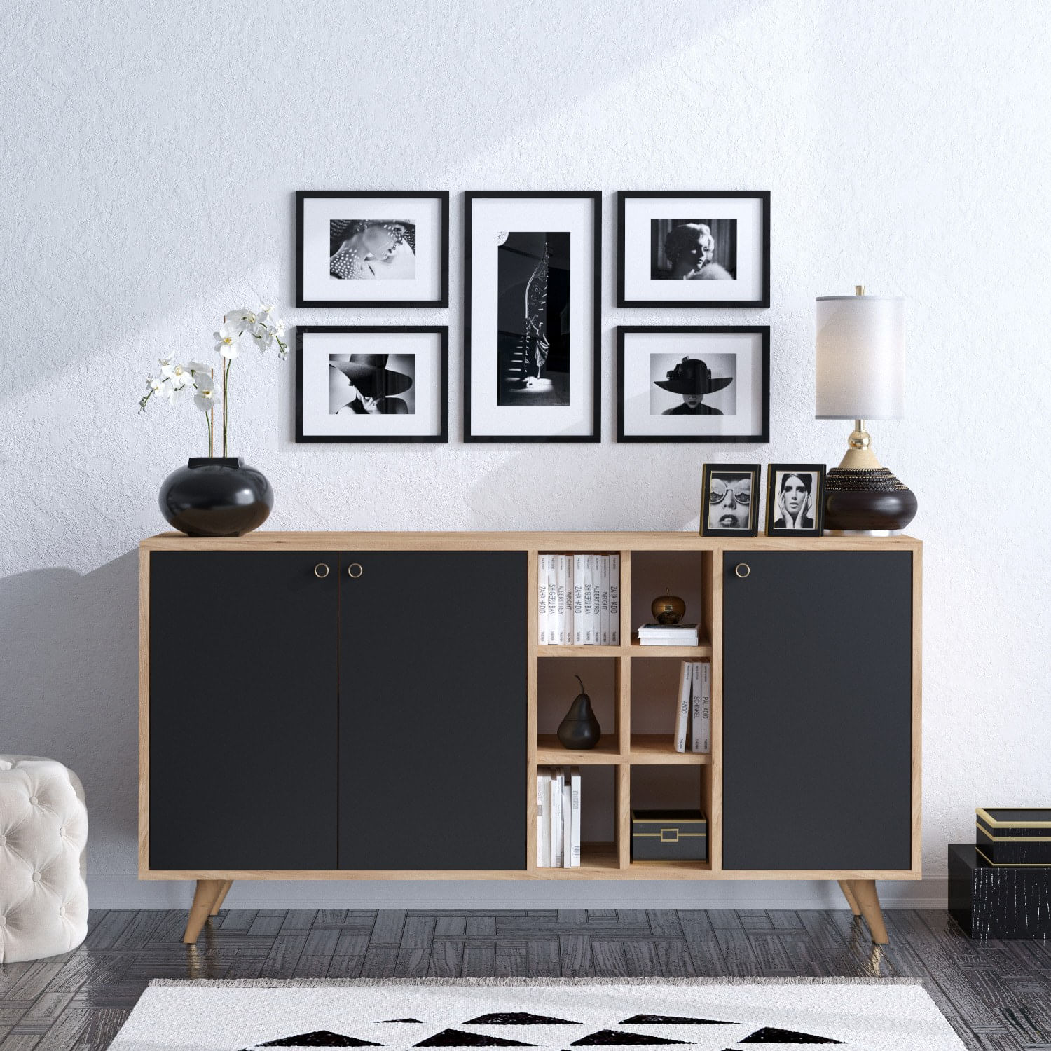 Consola, Hanah Home, pal melaminat, stejar si negru, 140x40x89 cm — imaginea 5