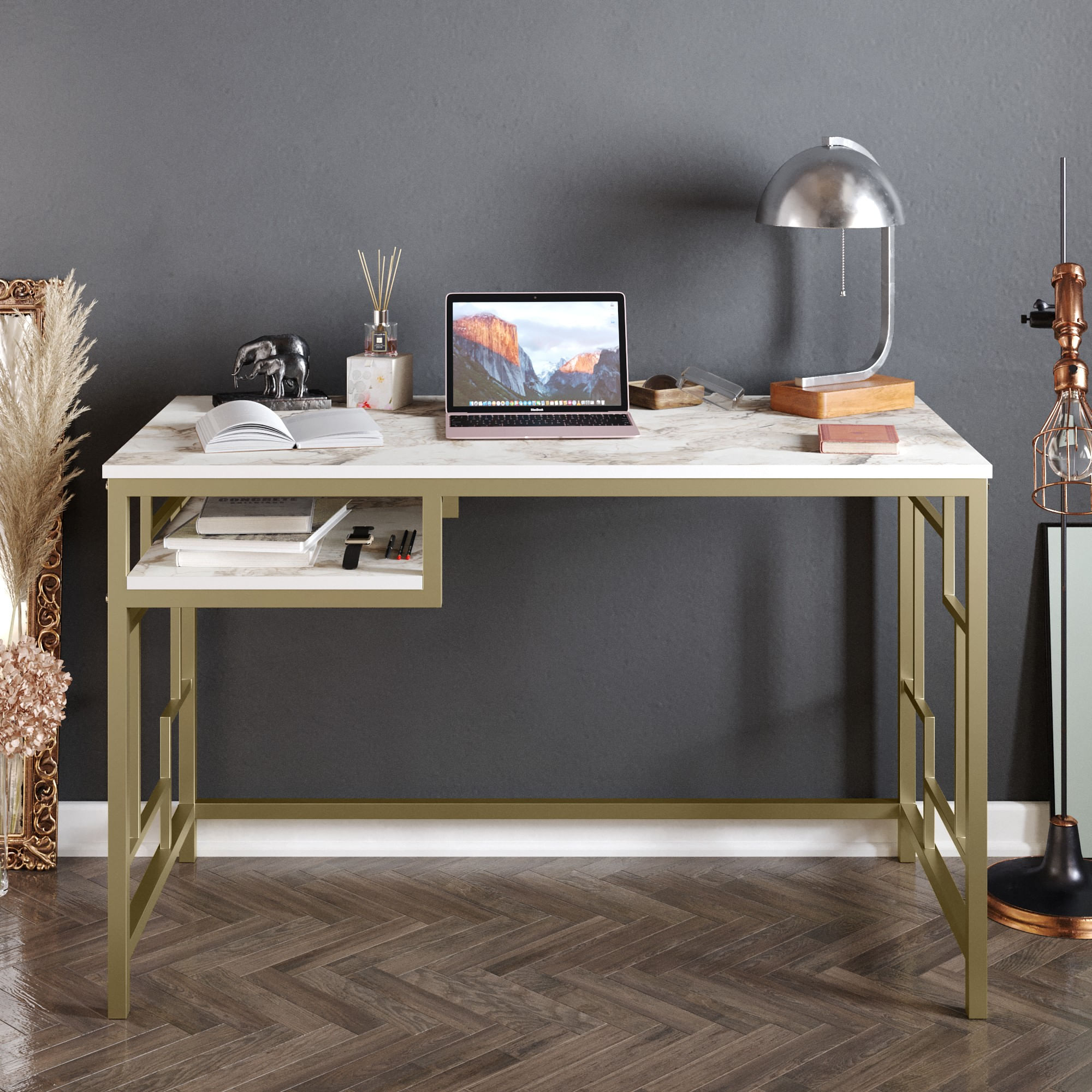 Birou de studiu, Hanah Home, panou de particule melaminat, auriu alb, 120x60x75 cm — imaginea 2