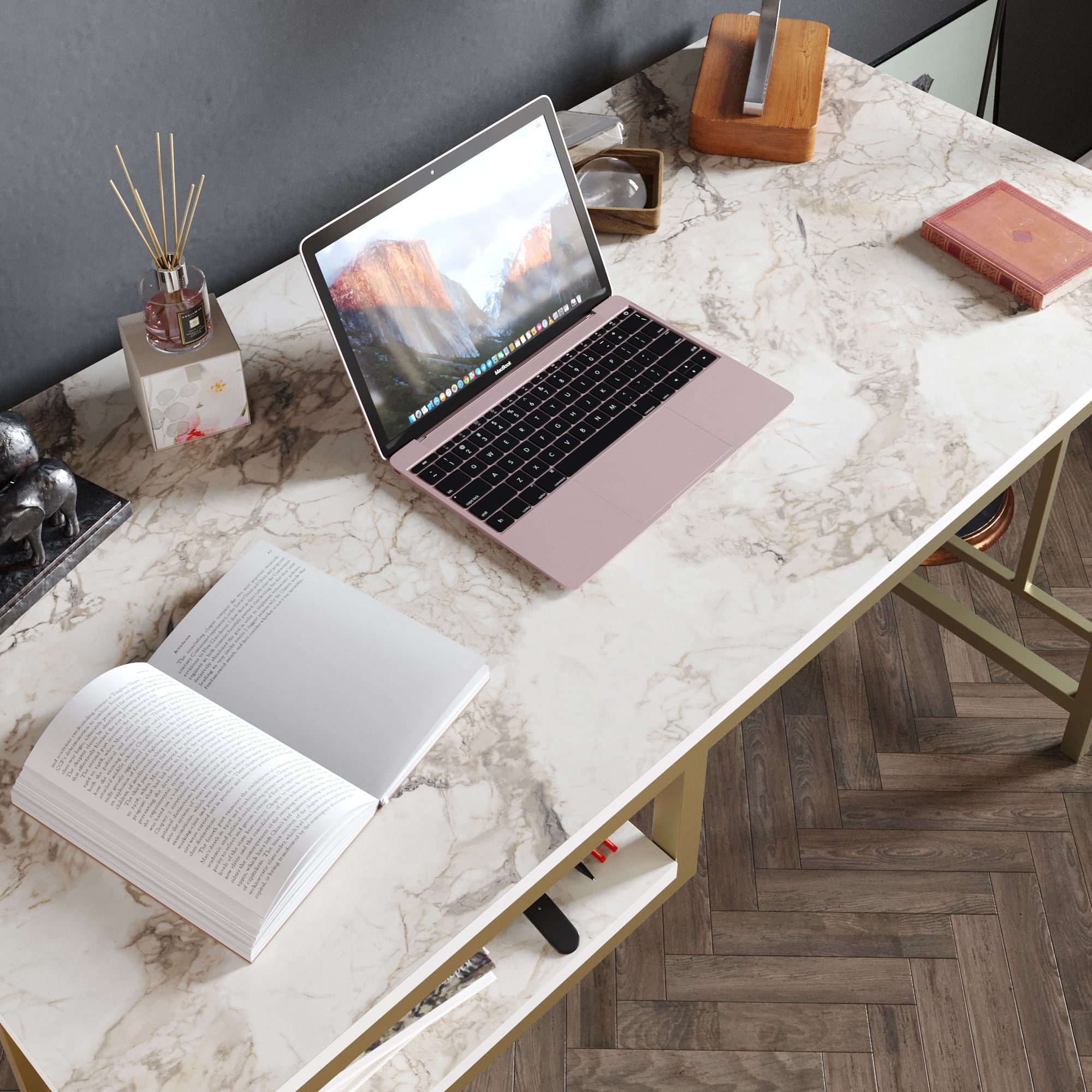 Birou de studiu, Hanah Home, panou de particule melaminat, auriu alb, 120x60x75 cm — imaginea 5