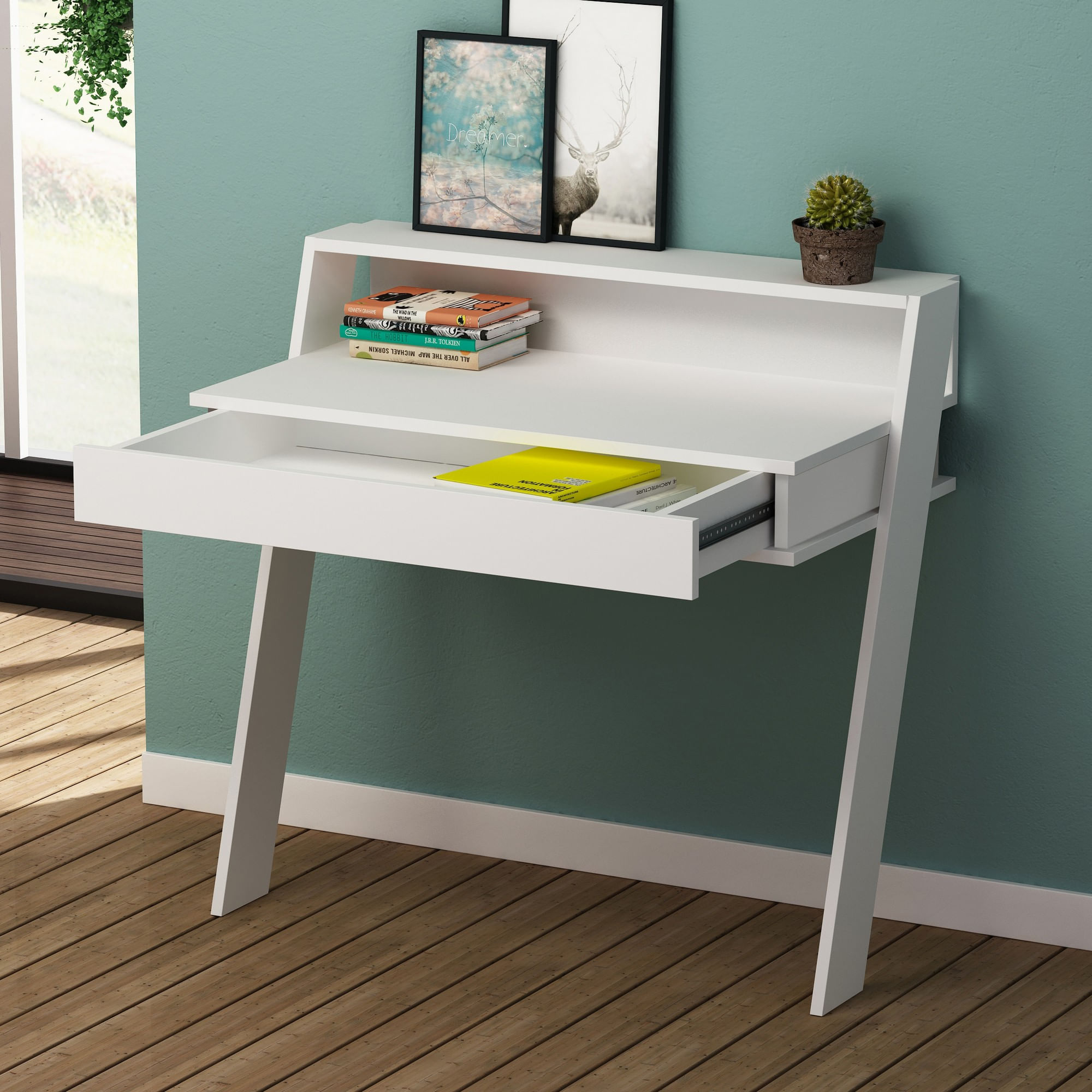 Birou de studiu, Hanah Home, pal melaminat, alb, 94x50x91 cm — imaginea 3