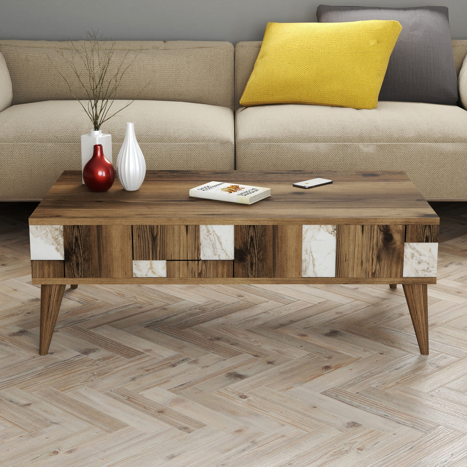 Masuta de cafea, Hanah Home, pal melaminat, alb si nuc, 105x60x37.6 cm — imaginea 2