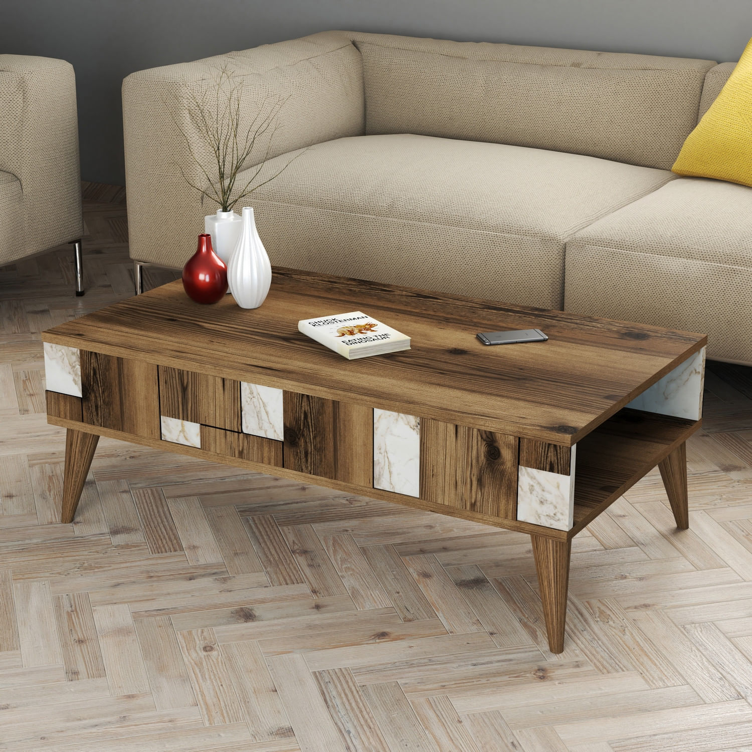Masuta de cafea, Hanah Home, pal melaminat, alb si nuc, 105x60x37.6 cm — imaginea 4