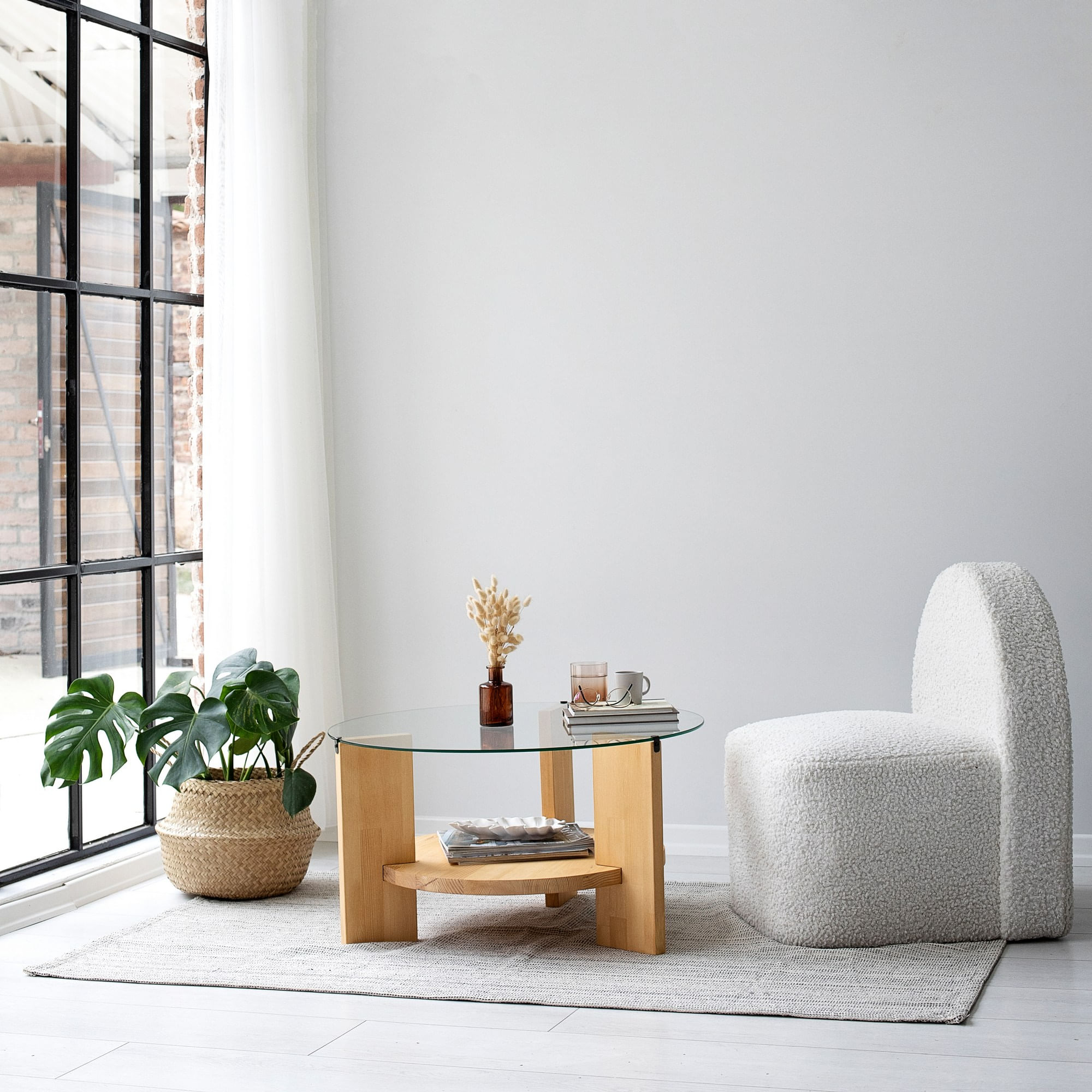 Masuta de cafea, Hanah Home, sticla temperata si lemn masiv de pin, stejar, 75x75x40 cm — imaginea 4