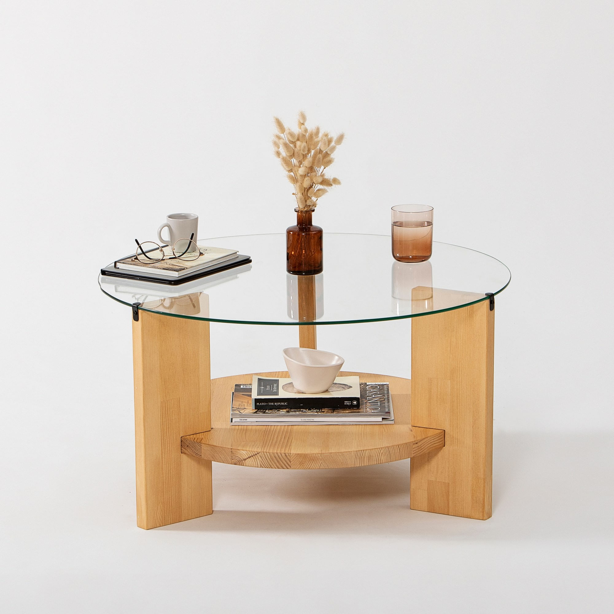 Masuta de cafea, Hanah Home, sticla temperata si lemn masiv de pin, stejar, 75x75x40 cm — imaginea 6