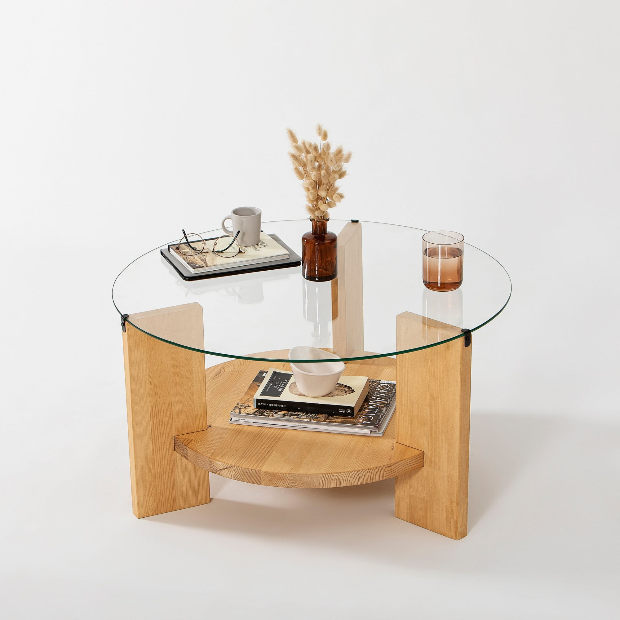 Masuta de cafea, Hanah Home, sticla temperata si lemn masiv de pin, stejar, 75x75x40 cm — imaginea 7