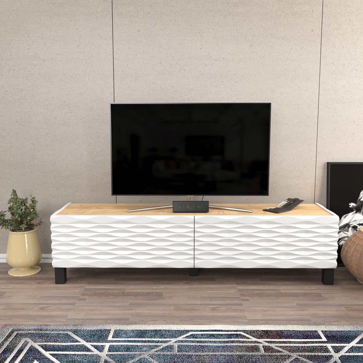 Comoda tv, Hanah Home, pal melaminat, safir si alb, 149.2x35x38 cm — imaginea 5