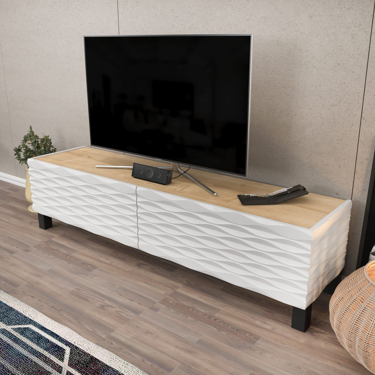 Comoda tv, Hanah Home, pal melaminat, safir si alb, 149.2x35x38 cm — imaginea 6