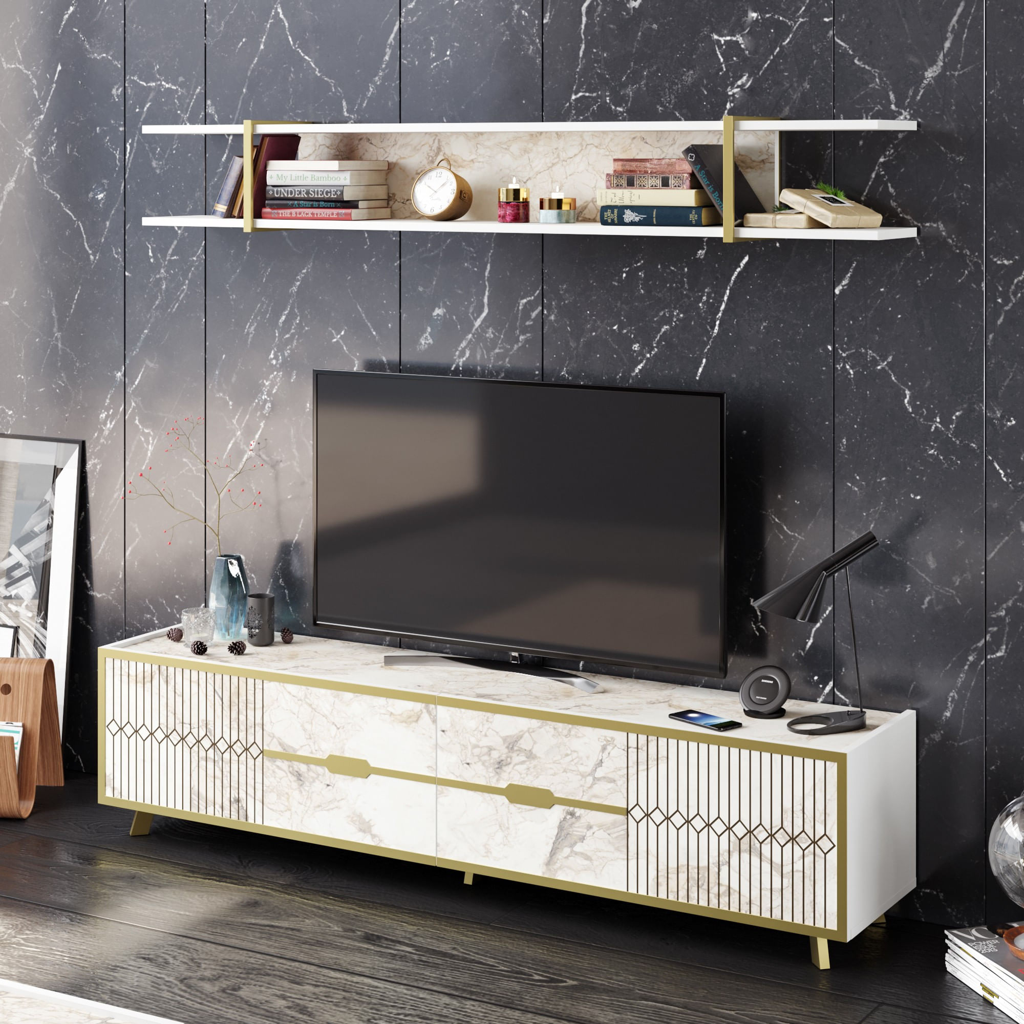 Comoda tv, Hanah Home, pal melaminat, alb, 180x43x37 cm — imaginea 5