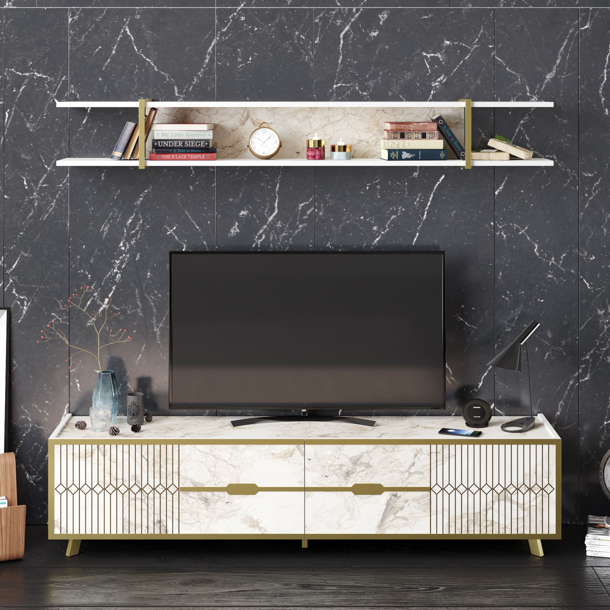 Comoda tv, Hanah Home, pal melaminat, alb, 180x43x37 cm — imaginea 6