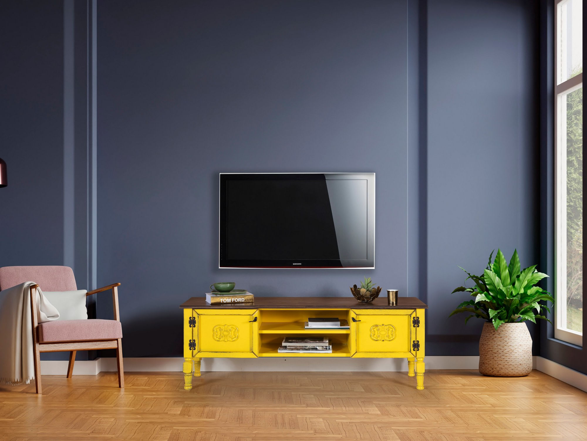 Comoda tv, Hanah Home, mdf, galben, 150x40x50 cm — imaginea 6