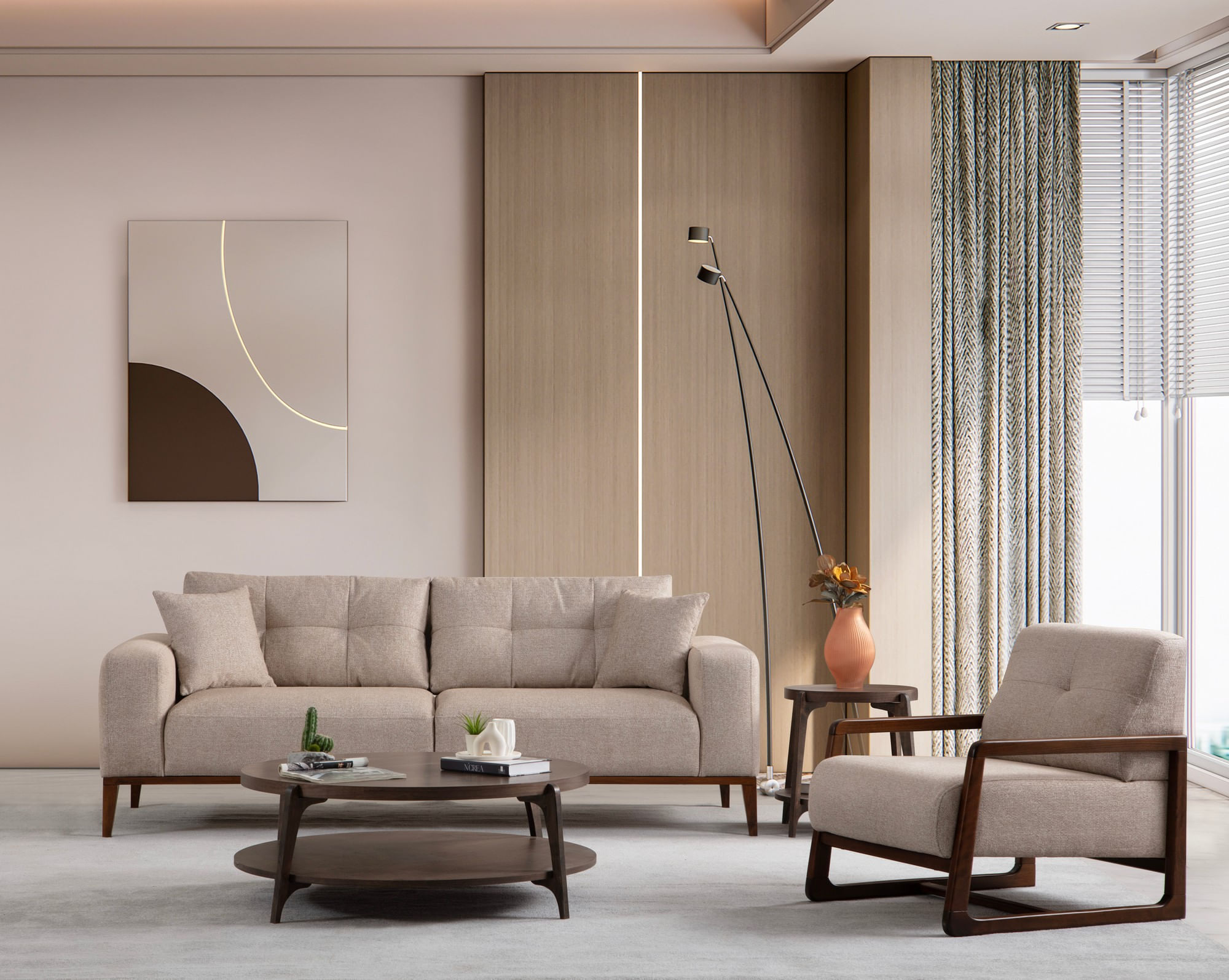 Canapea extensibila 3 locuri, Hanah Home, cadru lemn fag, stofa bej, 225x92x75 cm — imaginea 3