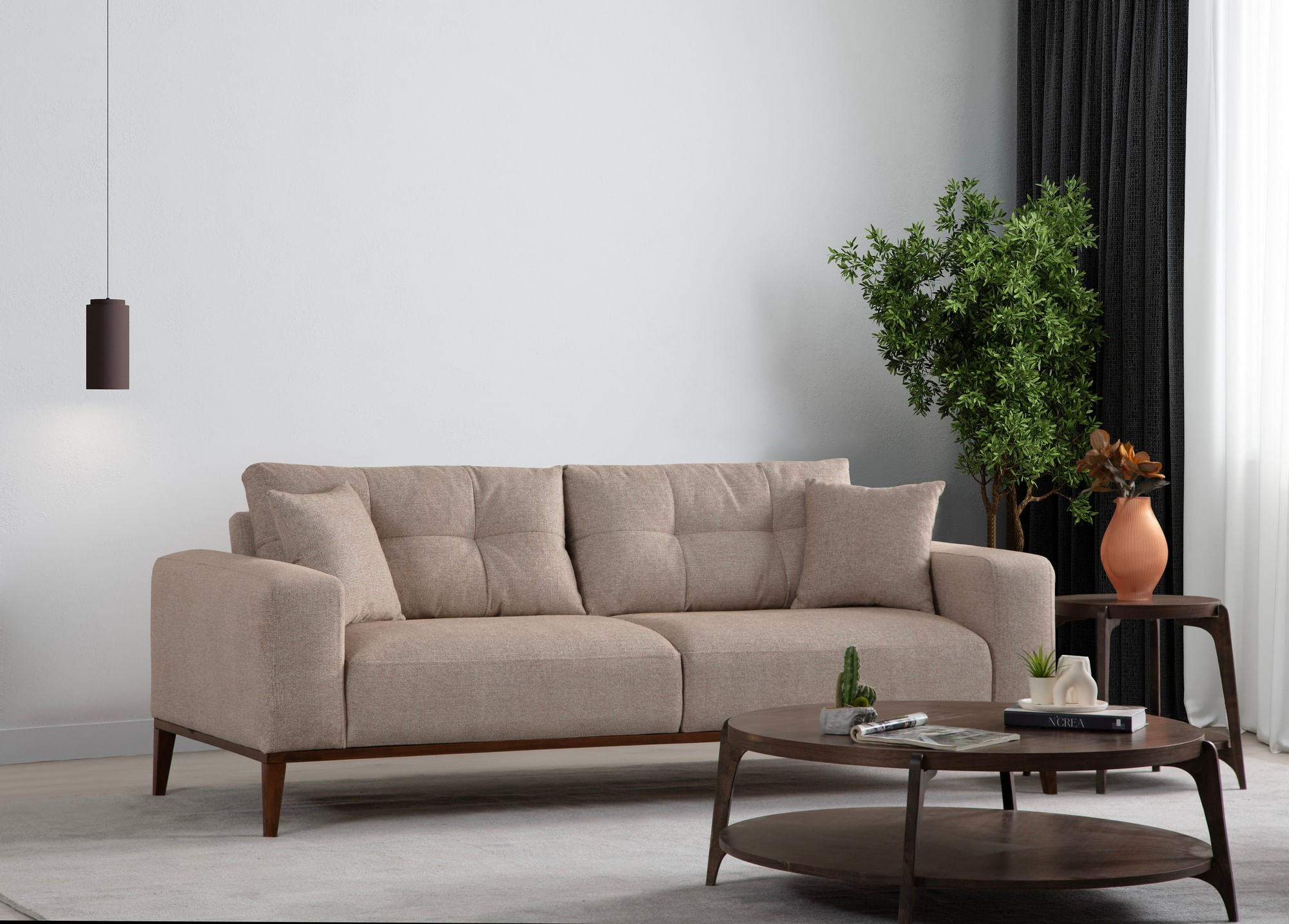 Canapea extensibila 3 locuri, Hanah Home, cadru lemn fag, stofa bej, 225x92x75 cm — imaginea 9