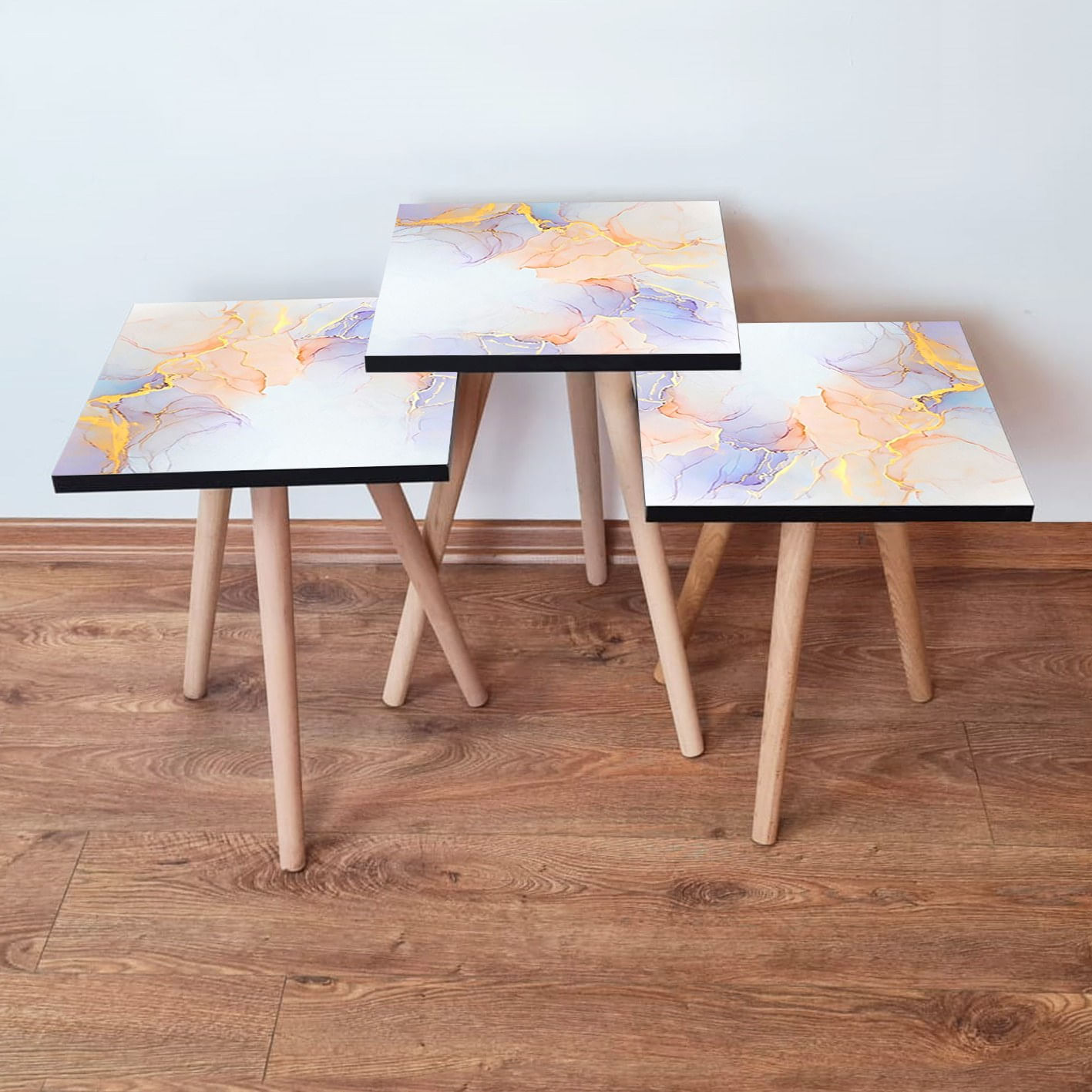 Set masute de cafea, Hanah Home, mdf, multicolor, picioare lemn fag, 3 piese, 481LNA2794