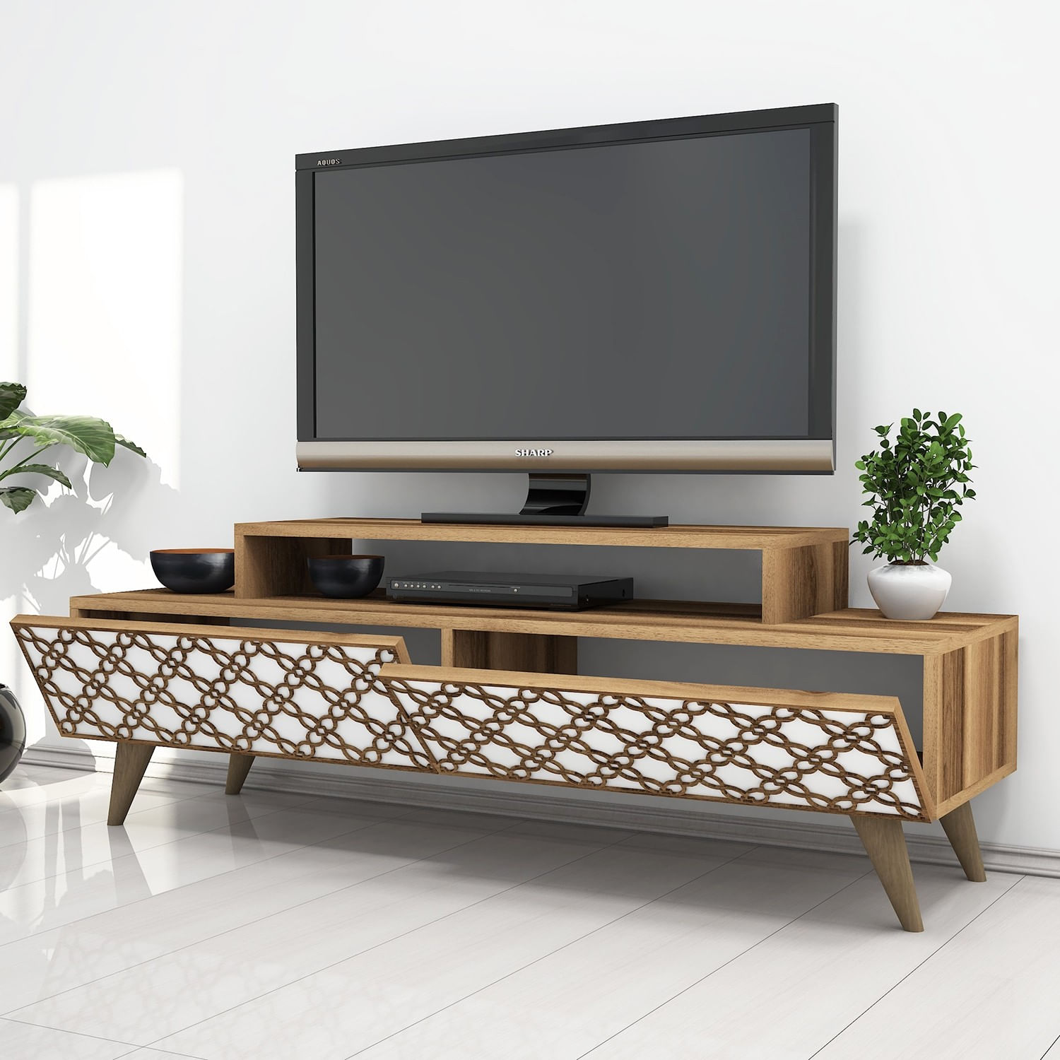 Comoda tv, Hanah Home, pal melaminat, nuc si alb, 140x41.8x48.8 cm — imaginea 2