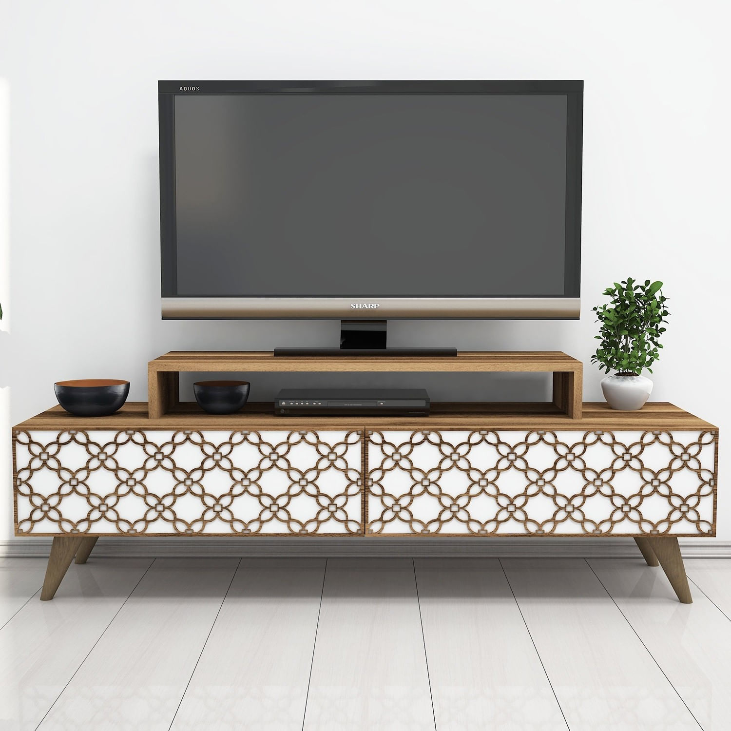 Comoda tv, Hanah Home, pal melaminat, nuc si alb, 140x41.8x48.8 cm — imaginea 4