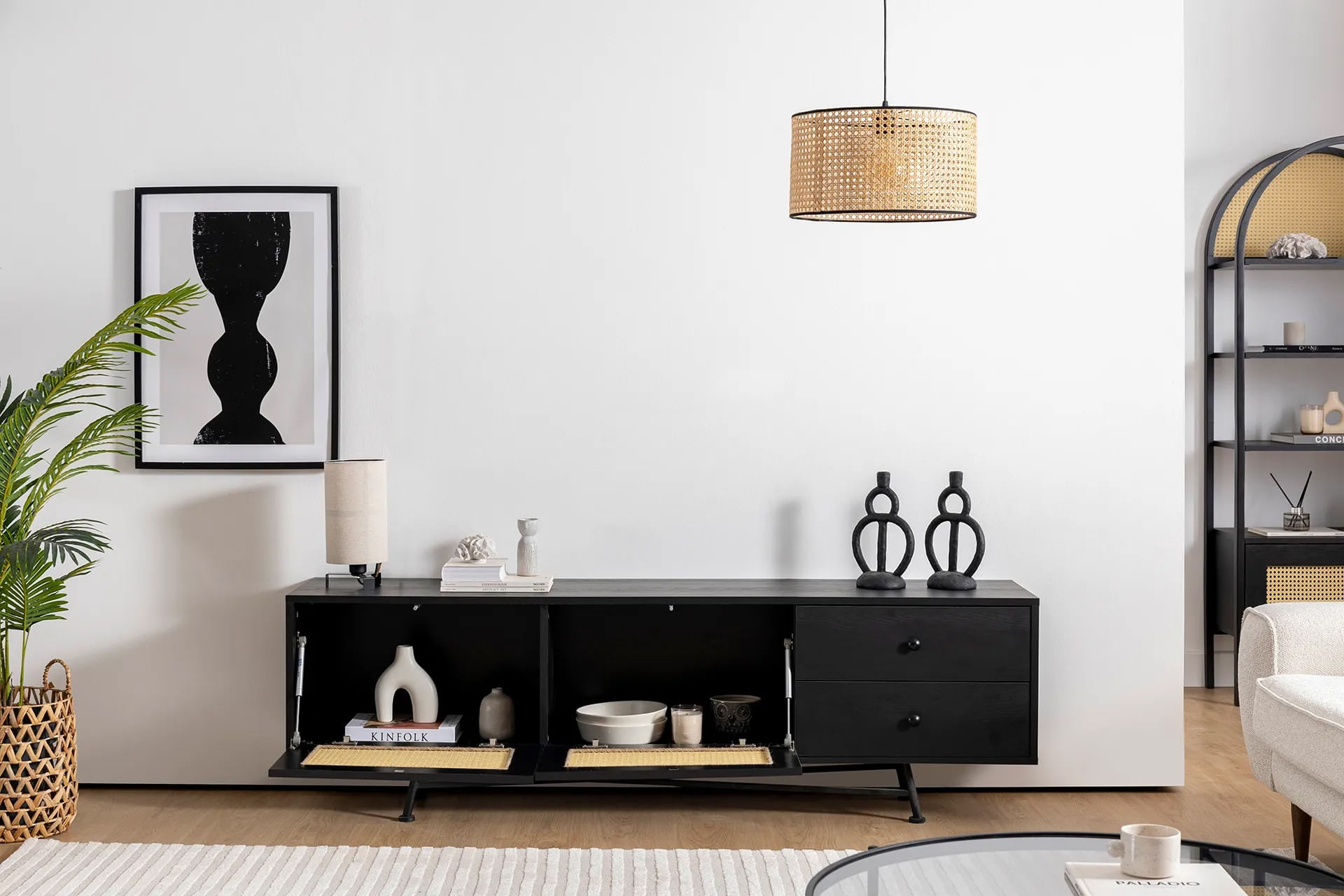 Comoda tv, Hanah Home, pal melaminat, negru, 180x40x55 cm — imaginea 6