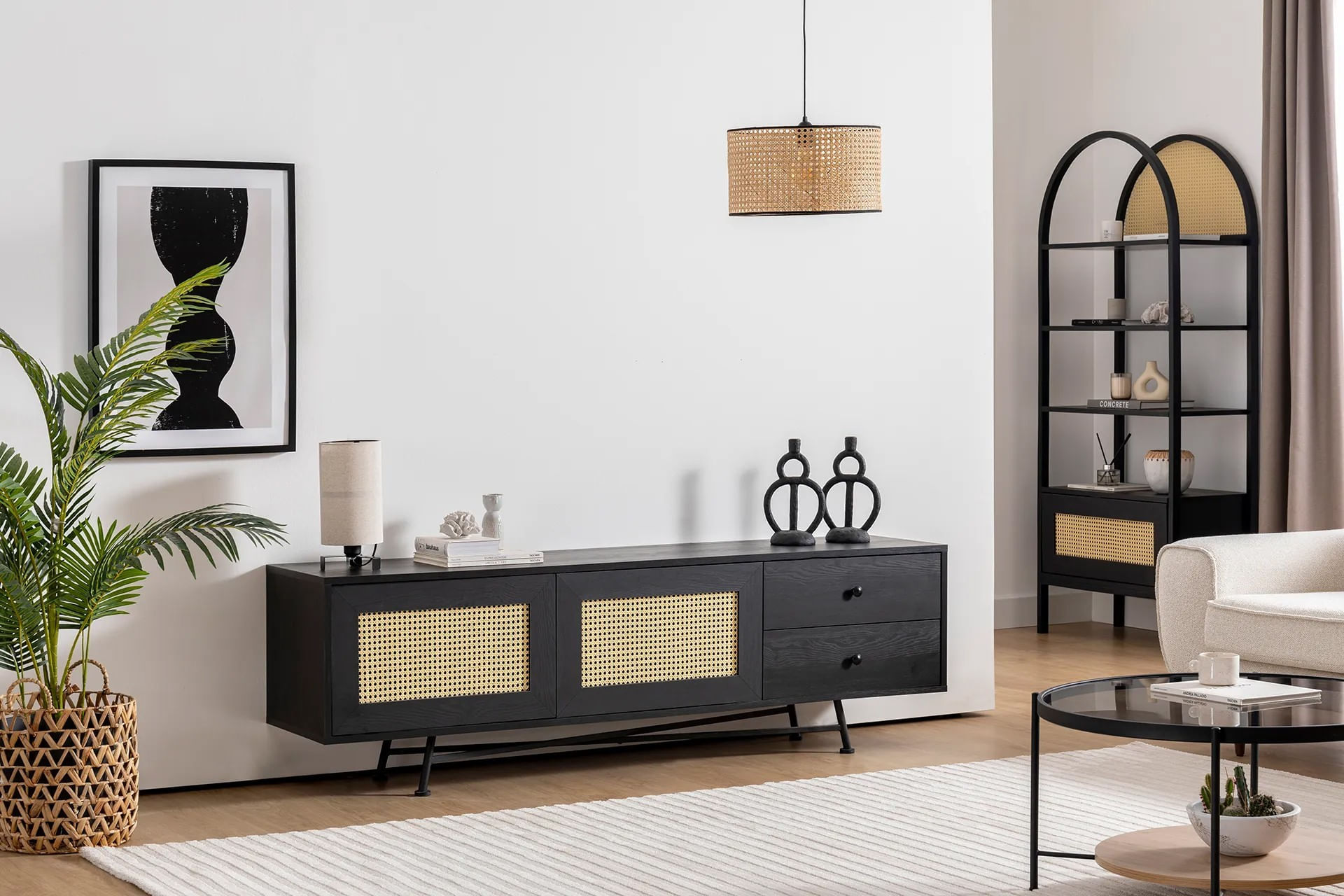Comoda tv, Hanah Home, pal melaminat, negru, 180x40x55 cm — imaginea 8
