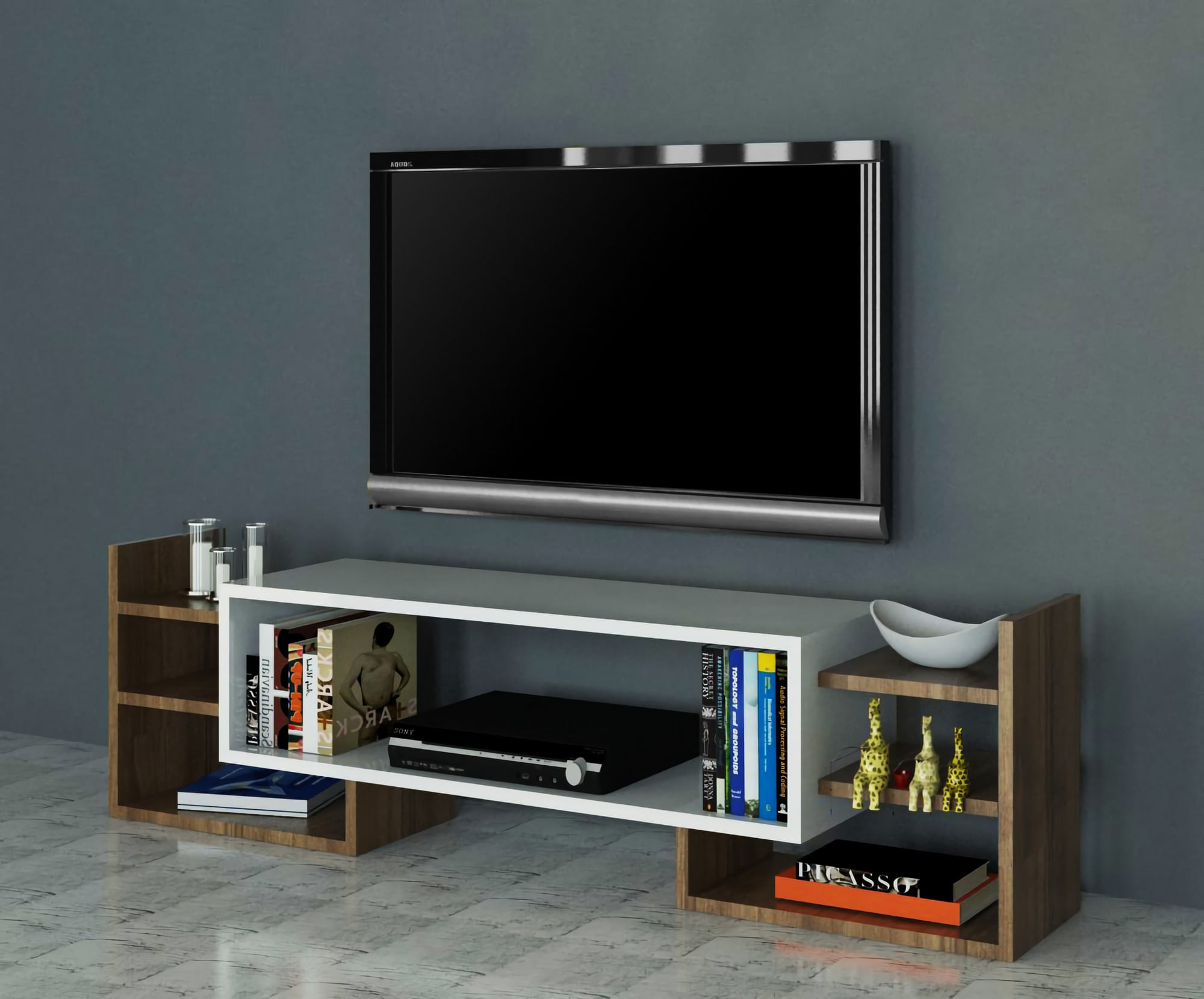 Comoda tv, Hanah Home, pal melaminat, alb si nuc, 115x38.2x29.6 cm — imaginea 4