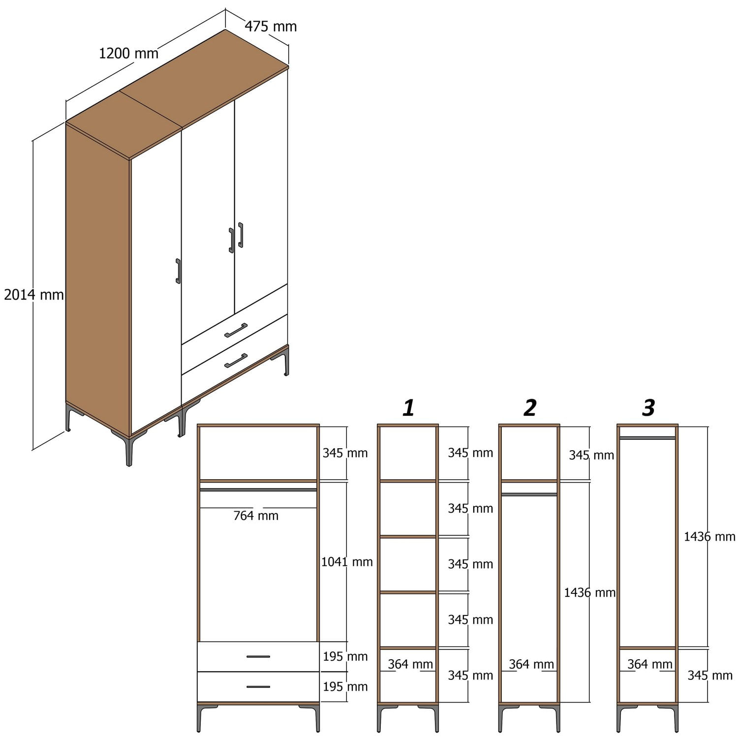 Sifonier, Hanah Home, panou din particule acoperit cu melamina, alb, 120x47.5x201.4 cm — imaginea 3