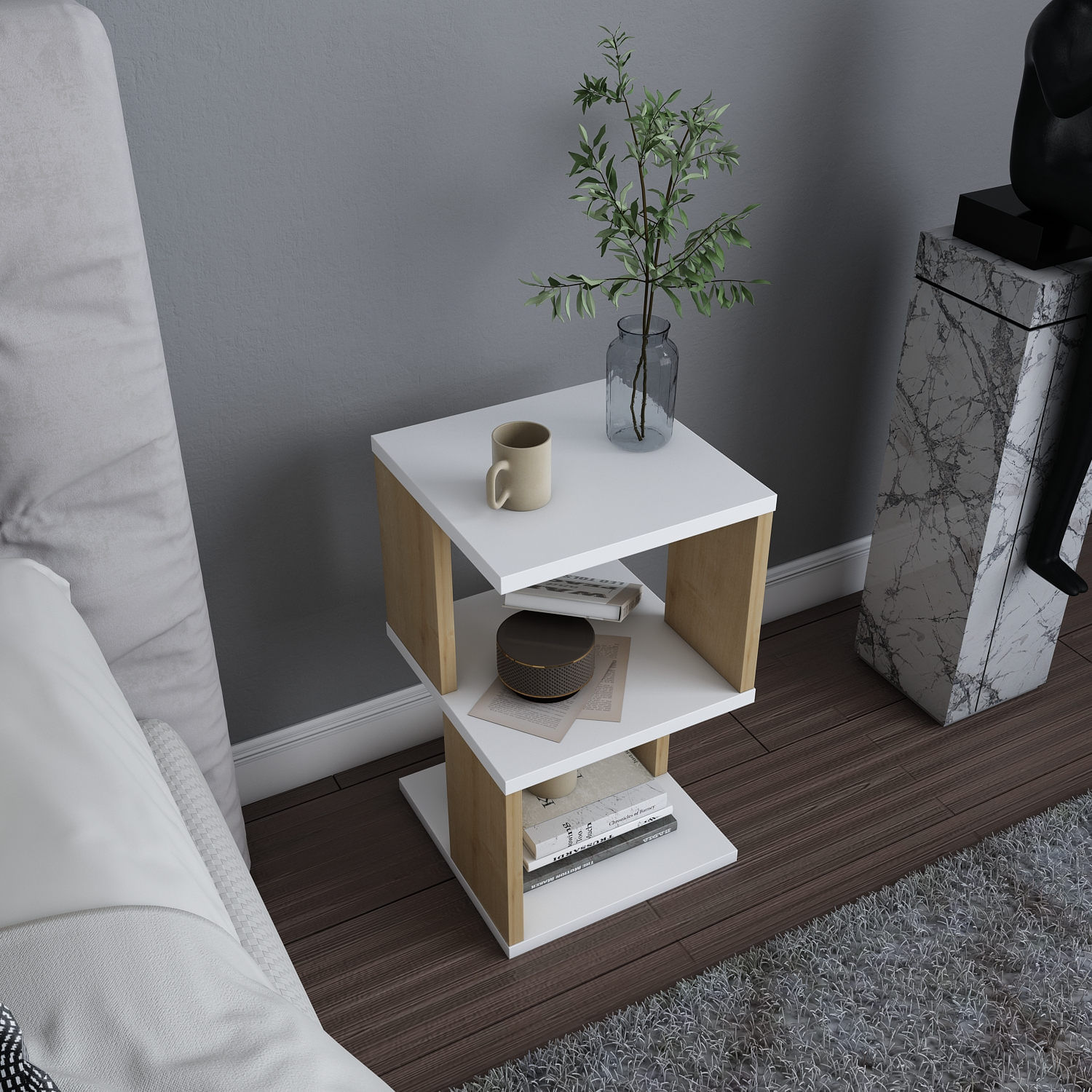 Noptiera, Hanah Home, pal melaminat, alb stejar, 29.6x29.6x49.4 cm — imaginea 2