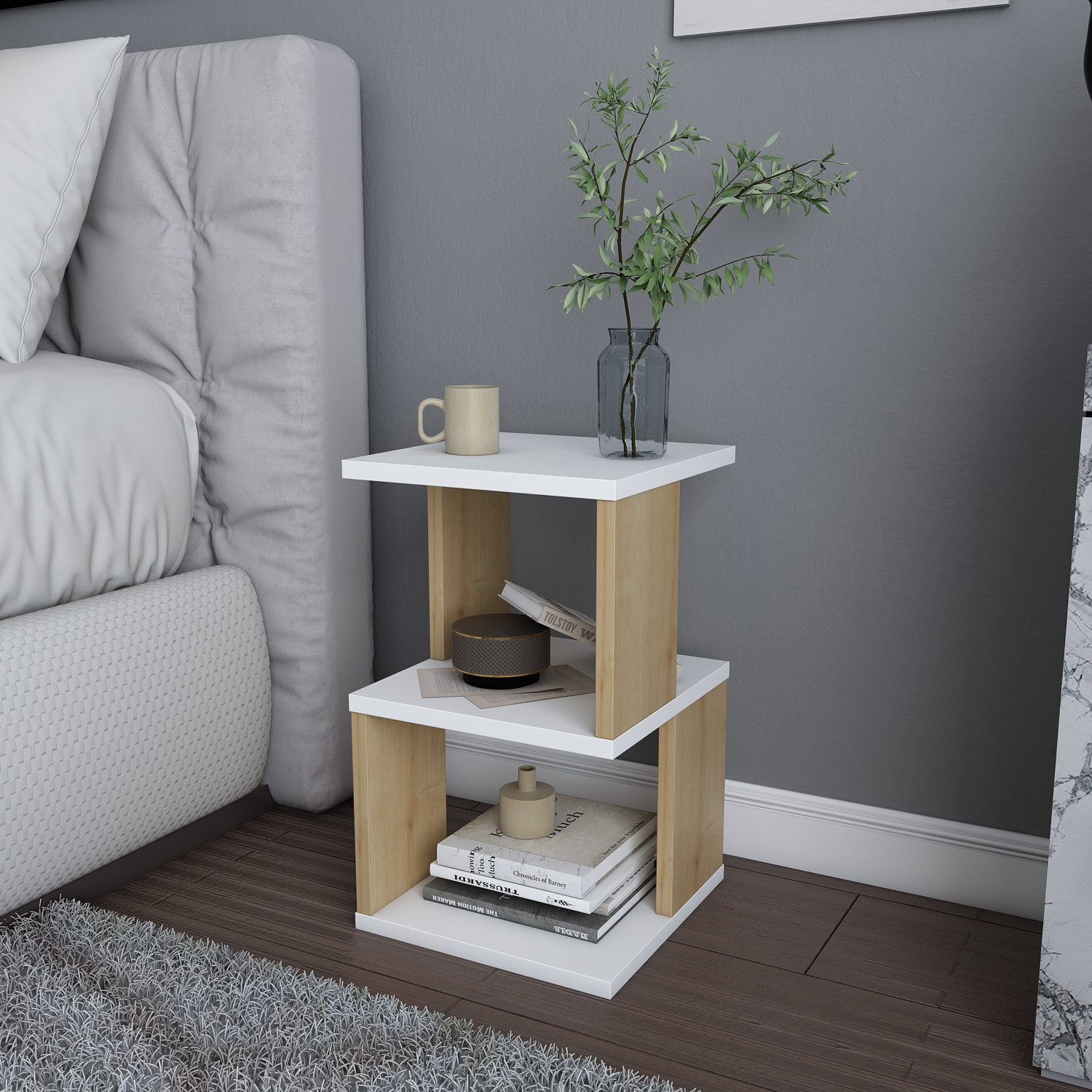 Noptiera, Hanah Home, pal melaminat, alb stejar, 29.6x29.6x49.4 cm — imaginea 4