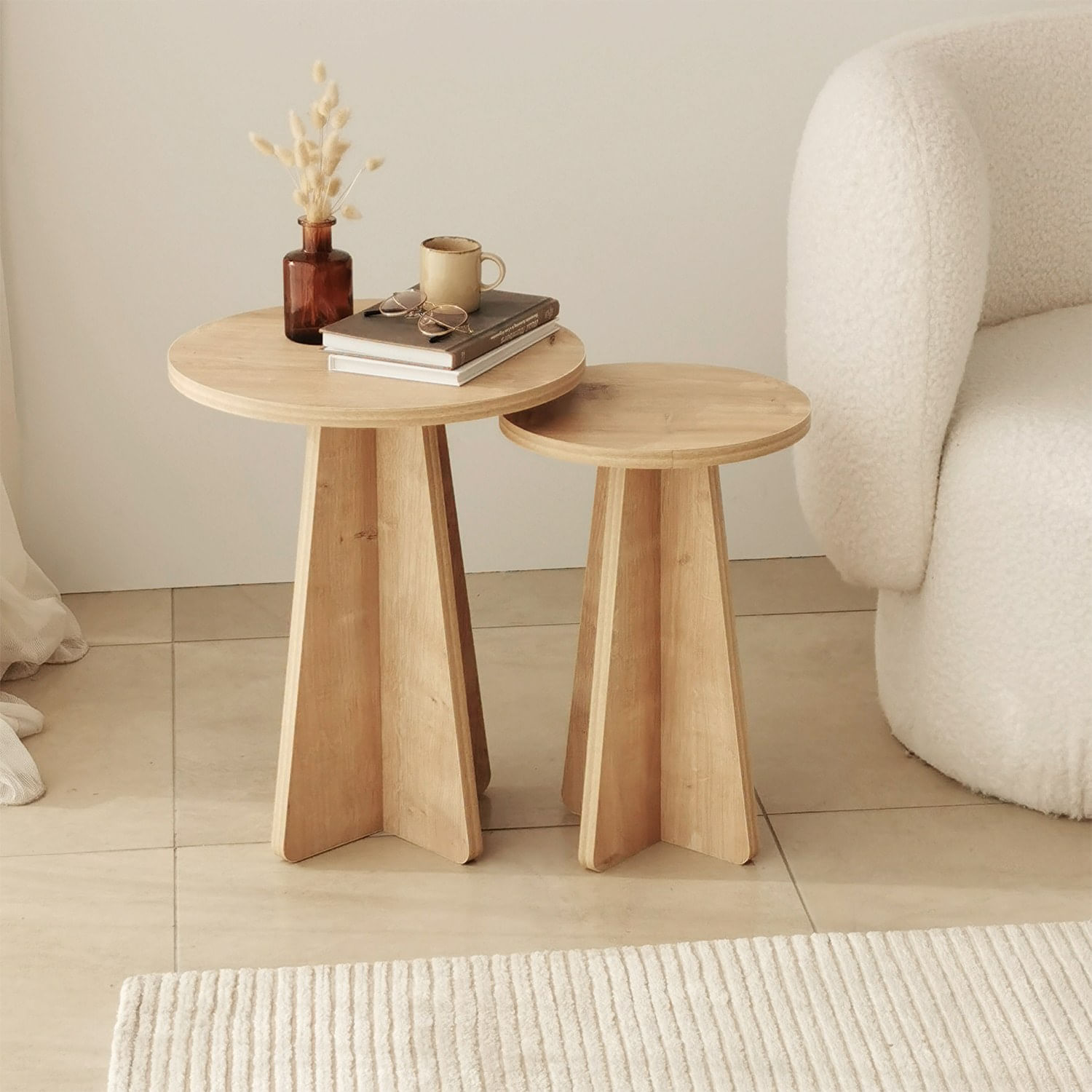 Set masute de cafea, Hanah Home, PAL melaminat, stejar safir, 40x40x50 cm, 30x30x45 cm — imaginea 6