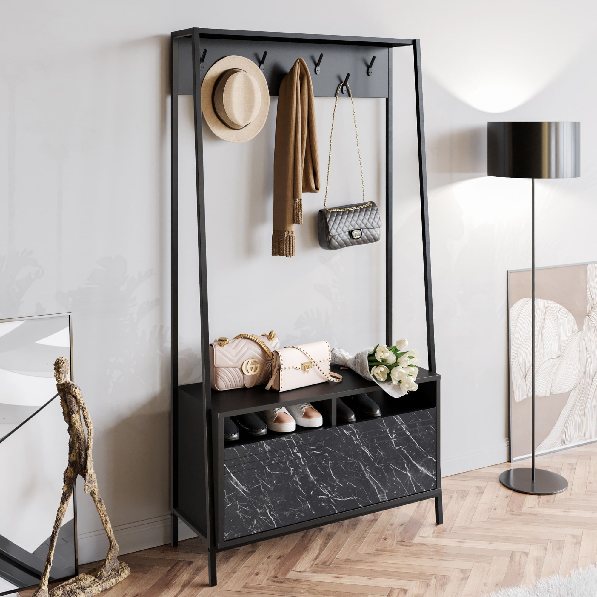 Cuier, Hanah Home, panou aglomerat cu melamina, negru marmura, 94x35.3x180 cm