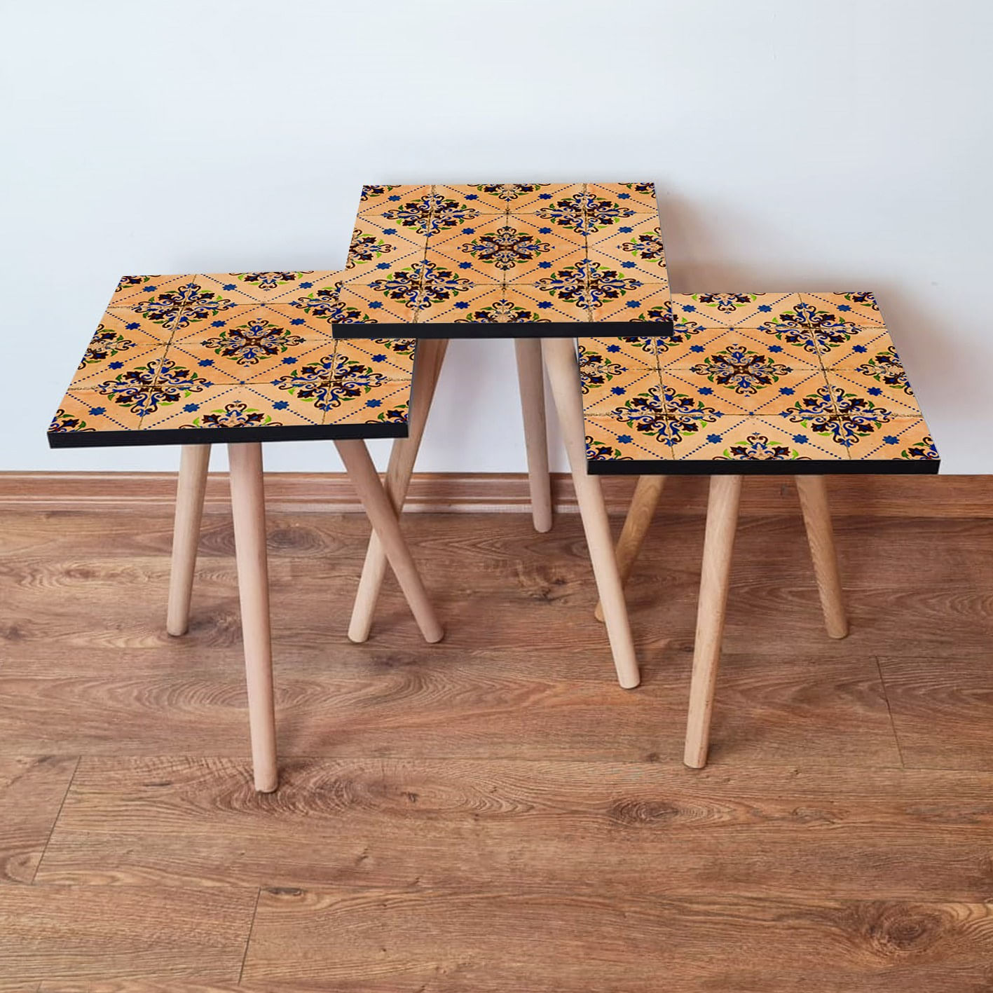 Set masute de cafea, Hanah Home, mdf, somon, albastru marin, verde, 35x35x52 cm