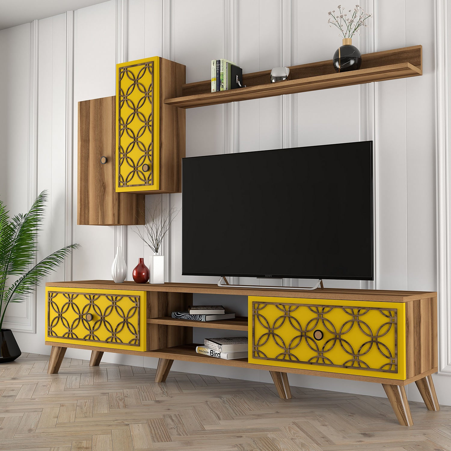 Comoda tv, Hanah Home, pal melaminat, nuc si galben, 180x44x35 cm, 845HCT3014