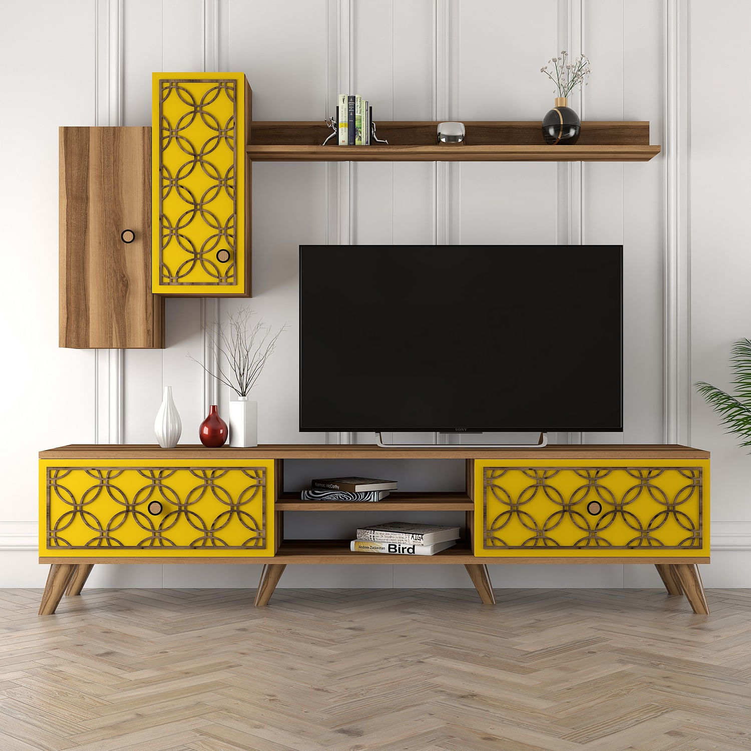Comoda tv, Hanah Home, pal melaminat, nuc si galben, 180x44x35 cm, 845HCT3014 — imaginea 2