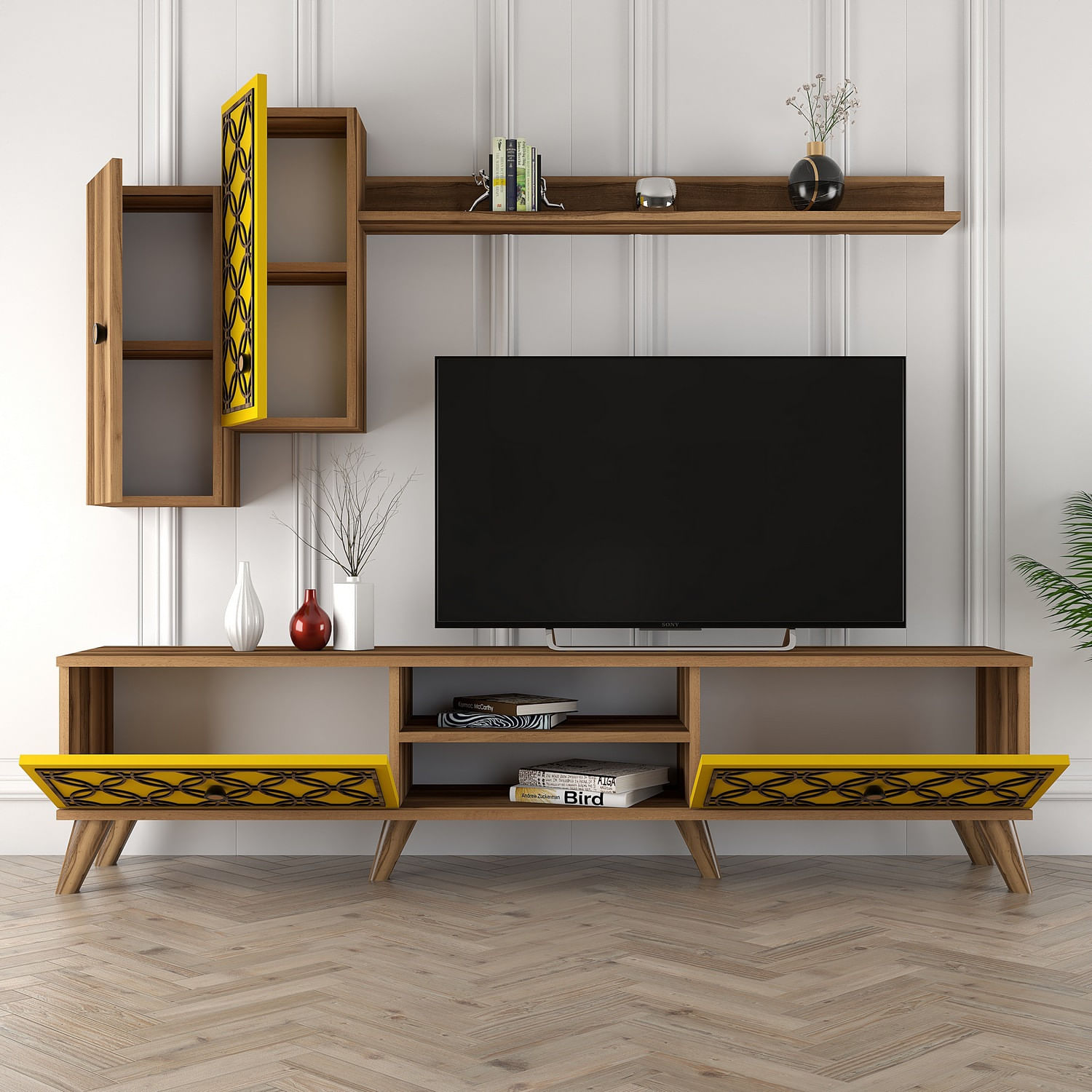 Comoda tv, Hanah Home, pal melaminat, nuc si galben, 180x44x35 cm, 845HCT3014 — imaginea 4