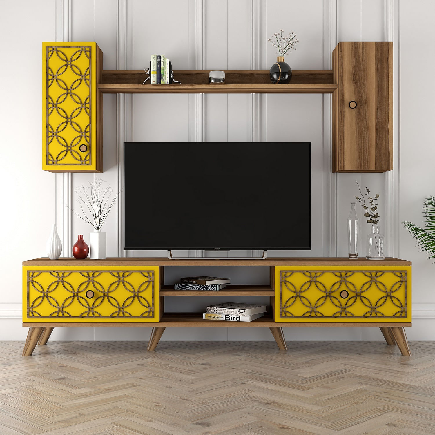 Comoda tv, Hanah Home, pal melaminat, nuc si galben, 180x44x35 cm, 845HCT3014 — imaginea 6