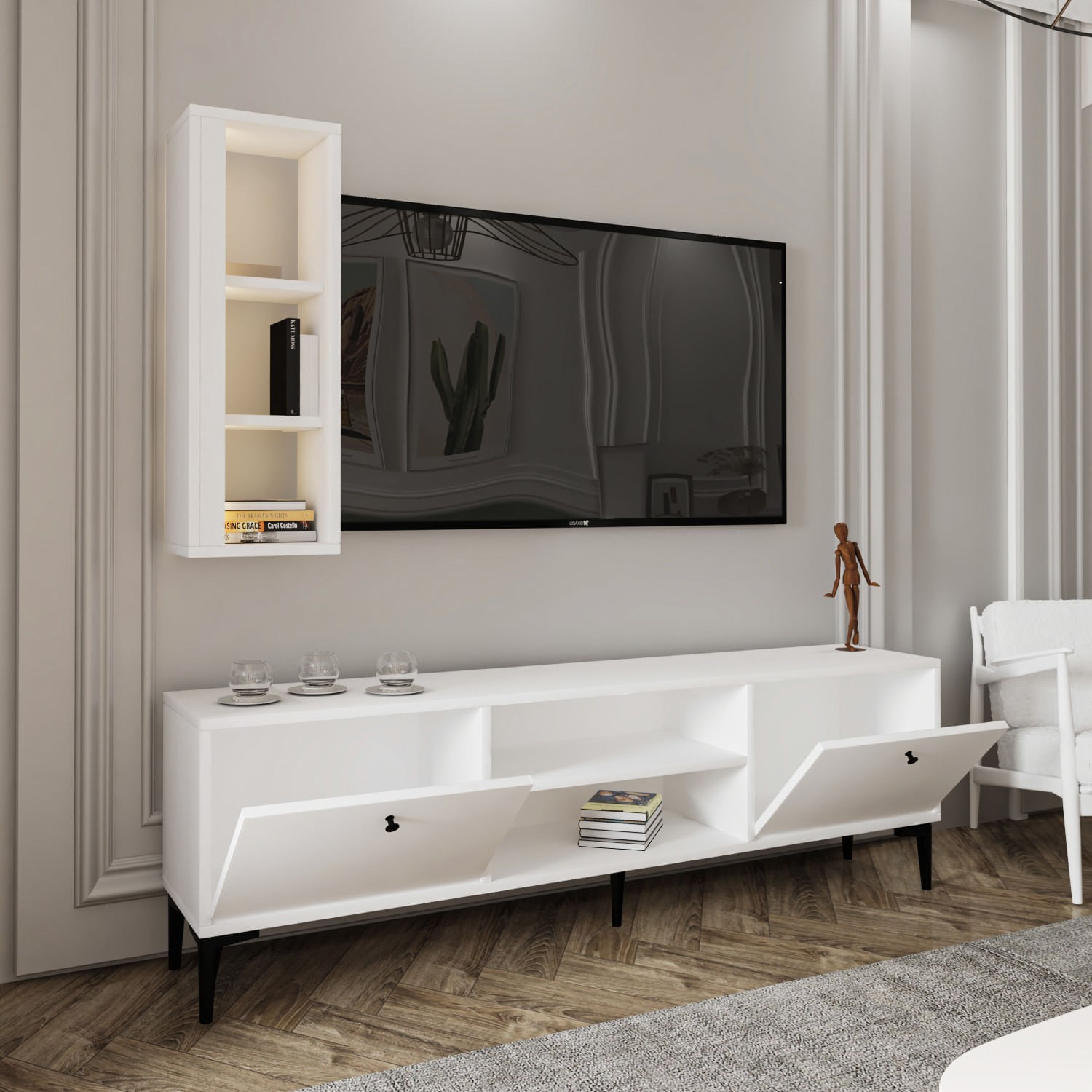 Comoda tv, Hanah Home, pal melaminat, alb, 150x48x29.6 cm — imaginea 2