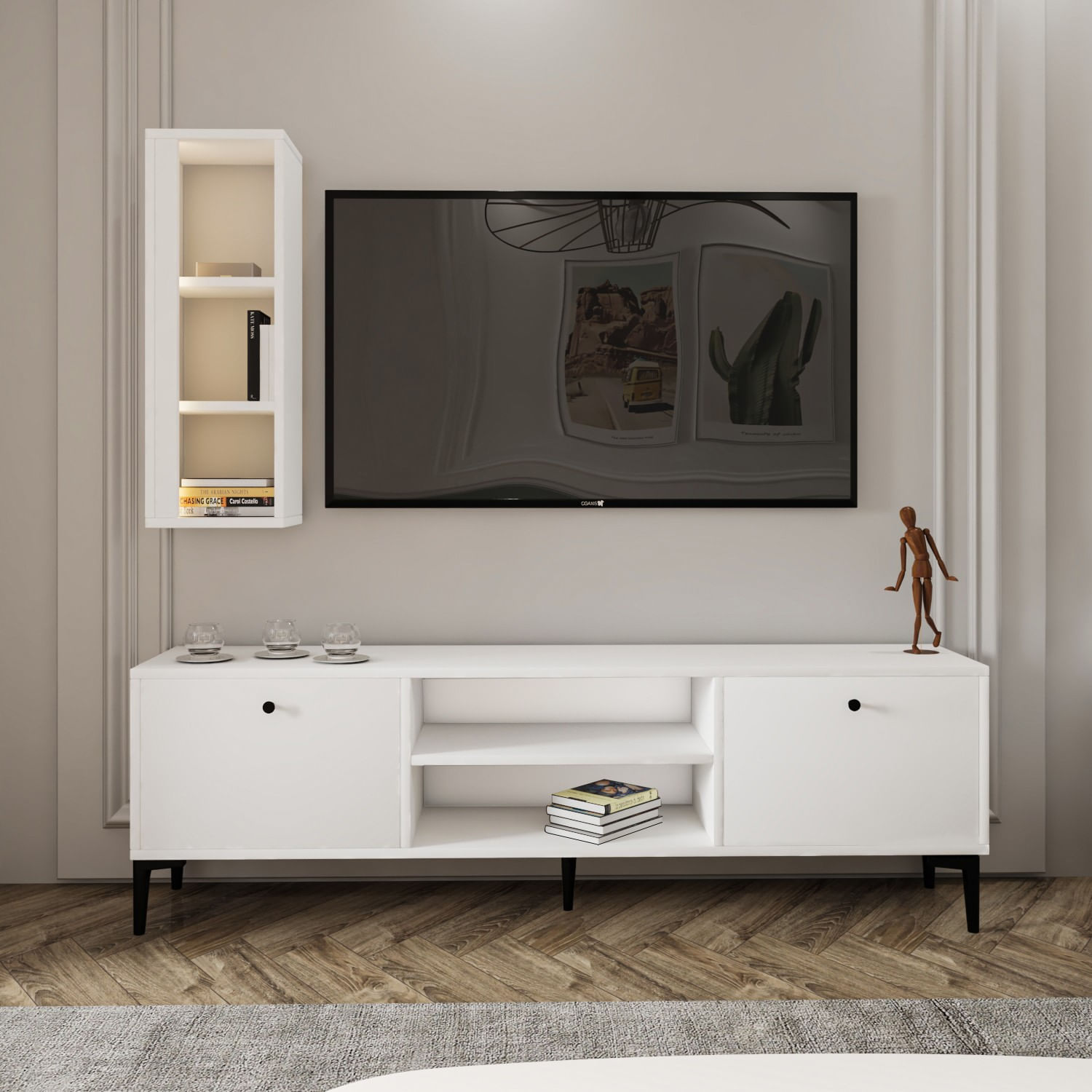 Comoda tv, Hanah Home, pal melaminat, alb, 150x48x29.6 cm — imaginea 5